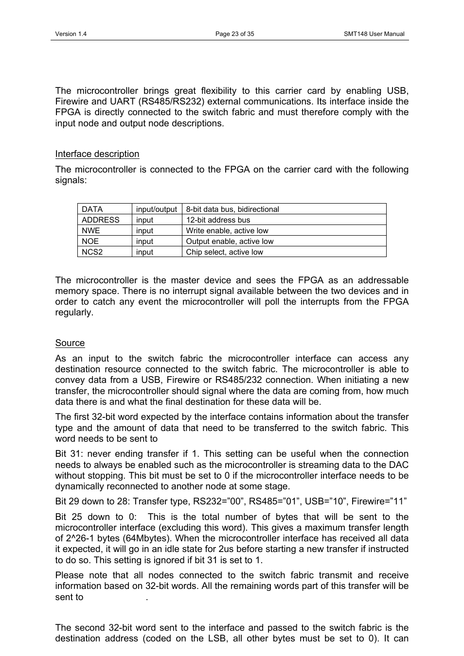 Microcontroller, Interface description, Source | Interface description source | Sundance SMT148 User Manual | Page 23 / 35