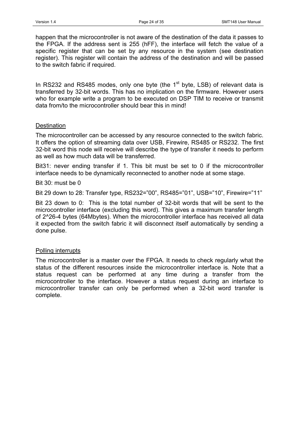 Destination, Polling interrupts | Sundance SMT148 User Manual | Page 24 / 35