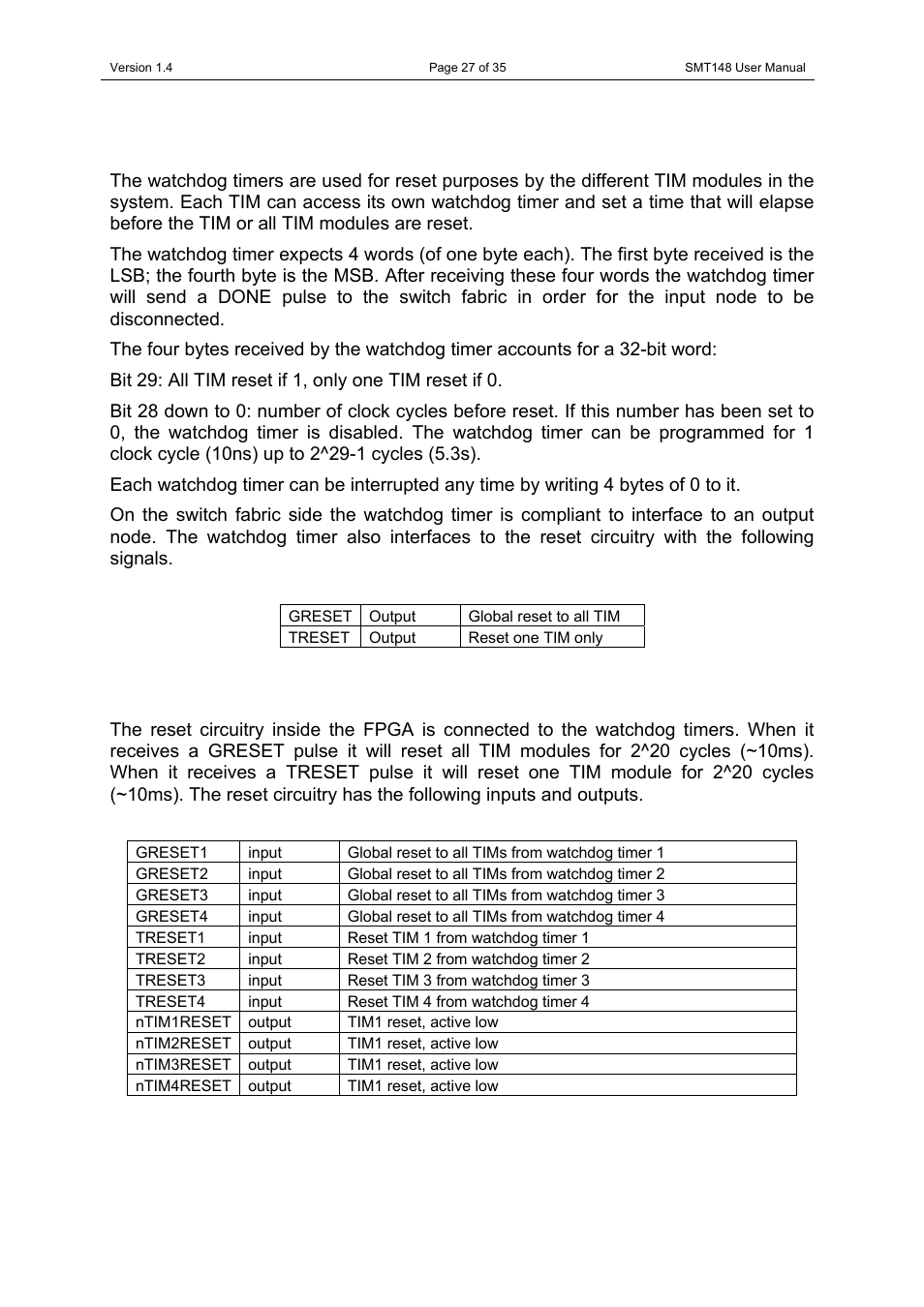 Watchdog timers, Reset, Watchdog timers reset | Sundance SMT148 User Manual | Page 27 / 35
