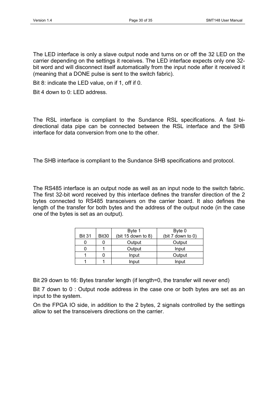 Rs485, Led rsl shb rs485 | Sundance SMT148 User Manual | Page 30 / 35