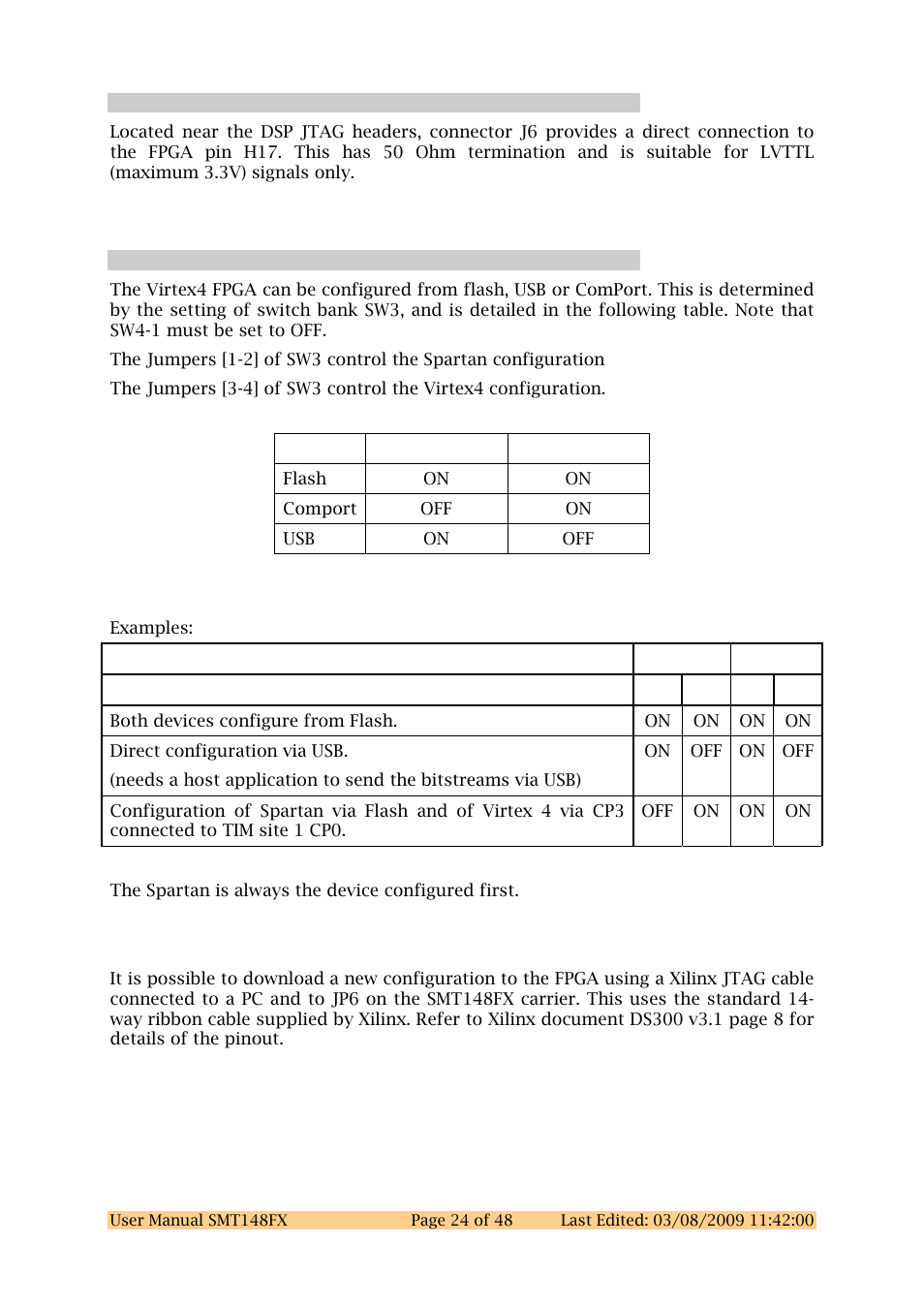 24 external fpga clock input, 25 fpga (virtex4 and spartan) configuration, External fpga clock input | Fpga (virtex4 and spartan) configuration | Sundance SMT148FX User Manual | Page 24 / 48