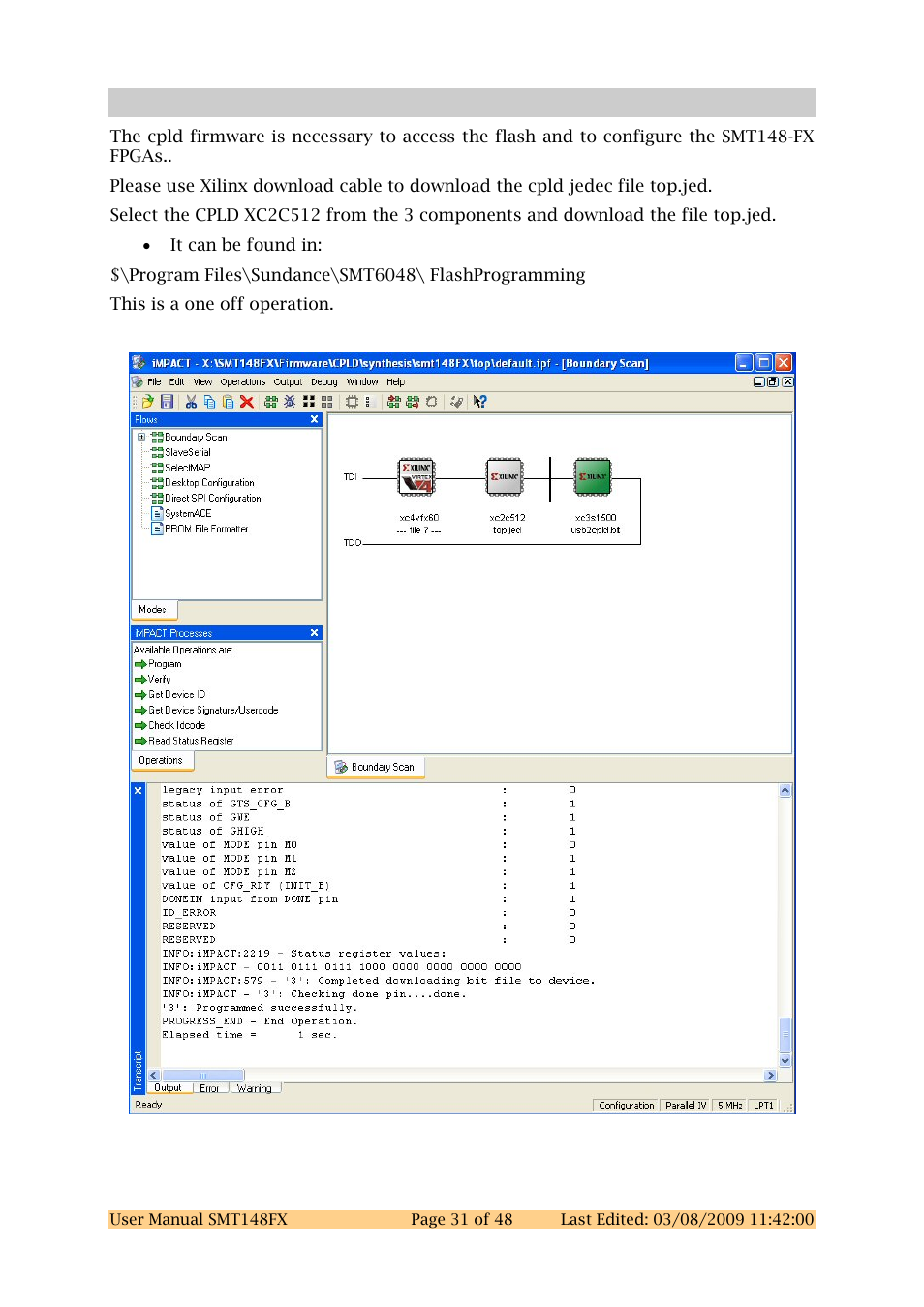 9 programming the cpld, Programming the cpld | Sundance SMT148FX User Manual | Page 31 / 48