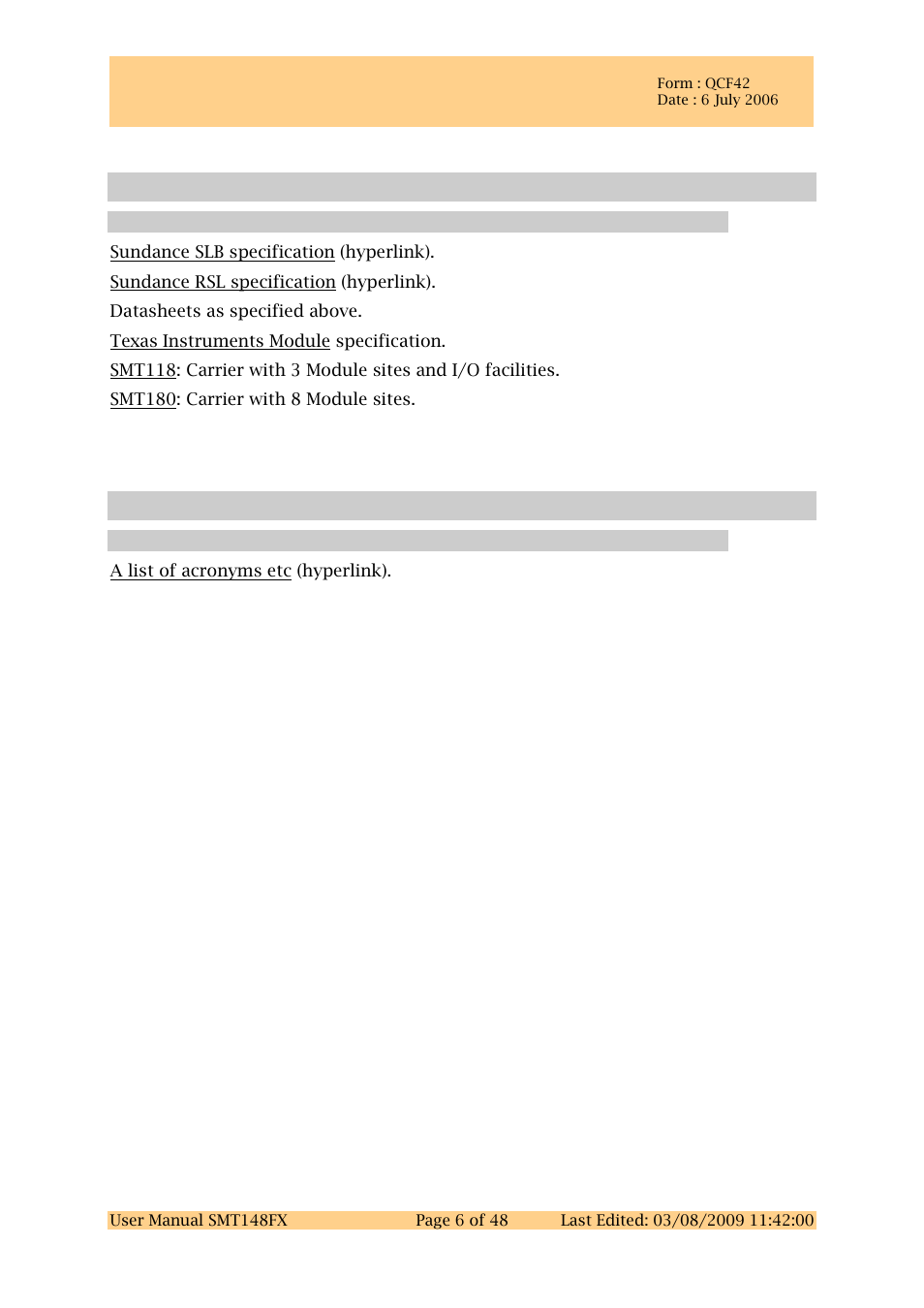 2 related documents, 1 referenced documents, 3 acronyms, abbreviations and definitions | 1 acronyms and abbreviations, Related documents, Referenced documents, Acronyms, abbreviations and definitions, Acronyms and abbreviations, User manual | Sundance SMT148FX User Manual | Page 6 / 48