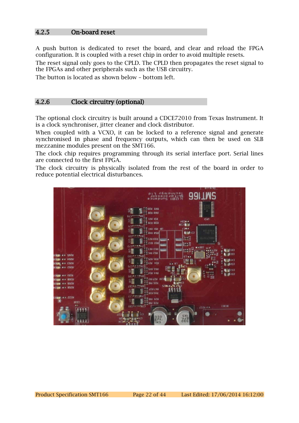 5 on-board reset, 6 clock circuitry (optional) | Sundance SMT166 User Manual | Page 22 / 44