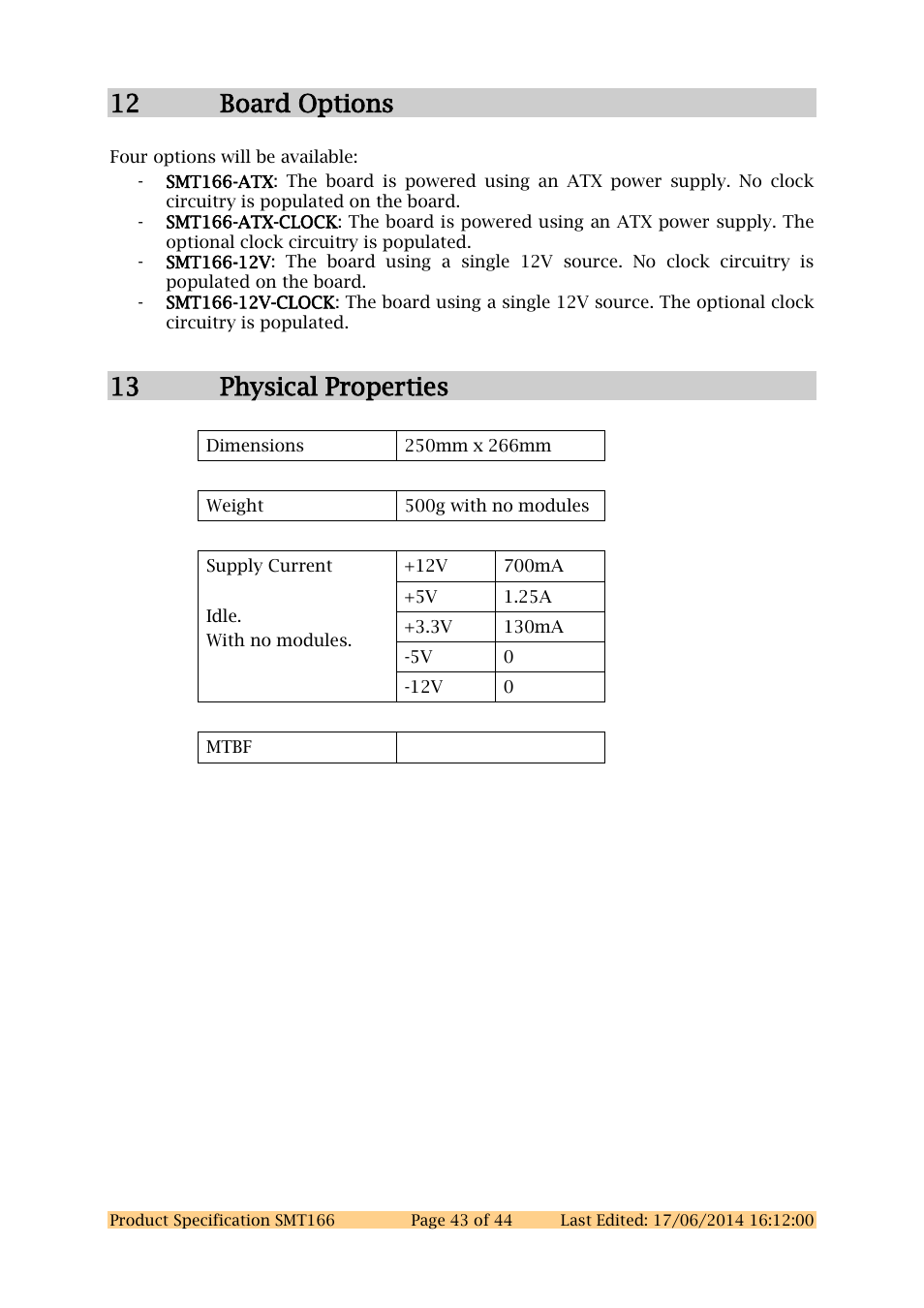12 board options, 13 physical properties | Sundance SMT166 User Manual | Page 43 / 44