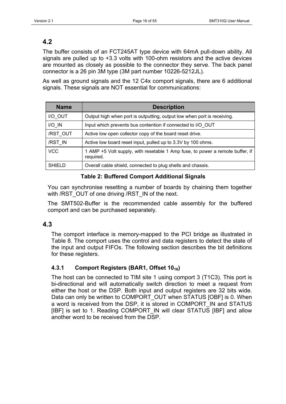 2 buffered external comport, 3 comport to pci interface, 1 comport registers (bar1, offset 1016) | Buffered external comport, Comport to pci interface, Comport registers (bar1, offset 10 | Sundance SMT310Q User Manual | Page 16 / 55