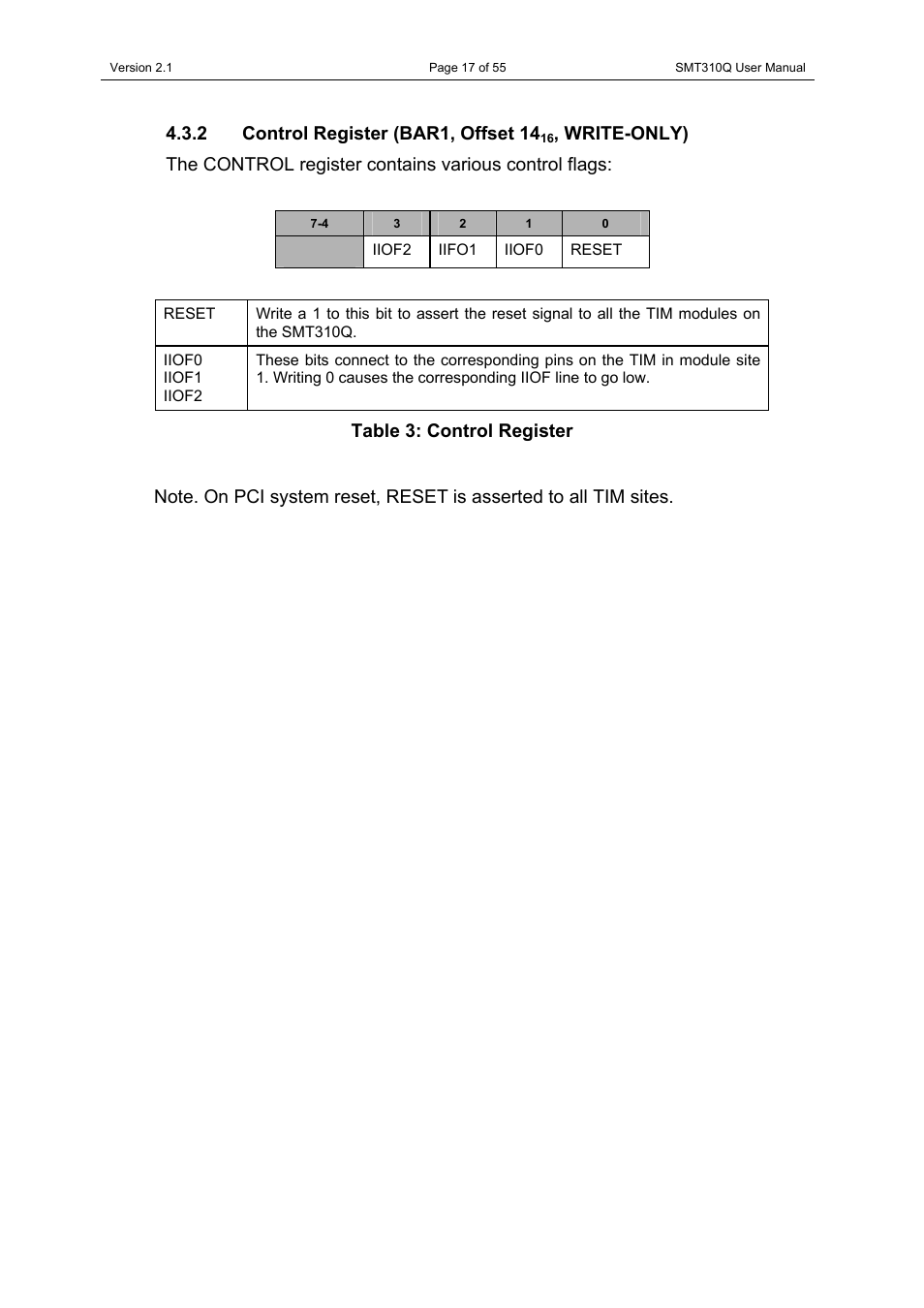 2 control register (bar1, offset 1416, write-only), Control register (bar1, offset 14, Write-only) | 2 control register (bar1, offset 14 | Sundance SMT310Q User Manual | Page 17 / 55