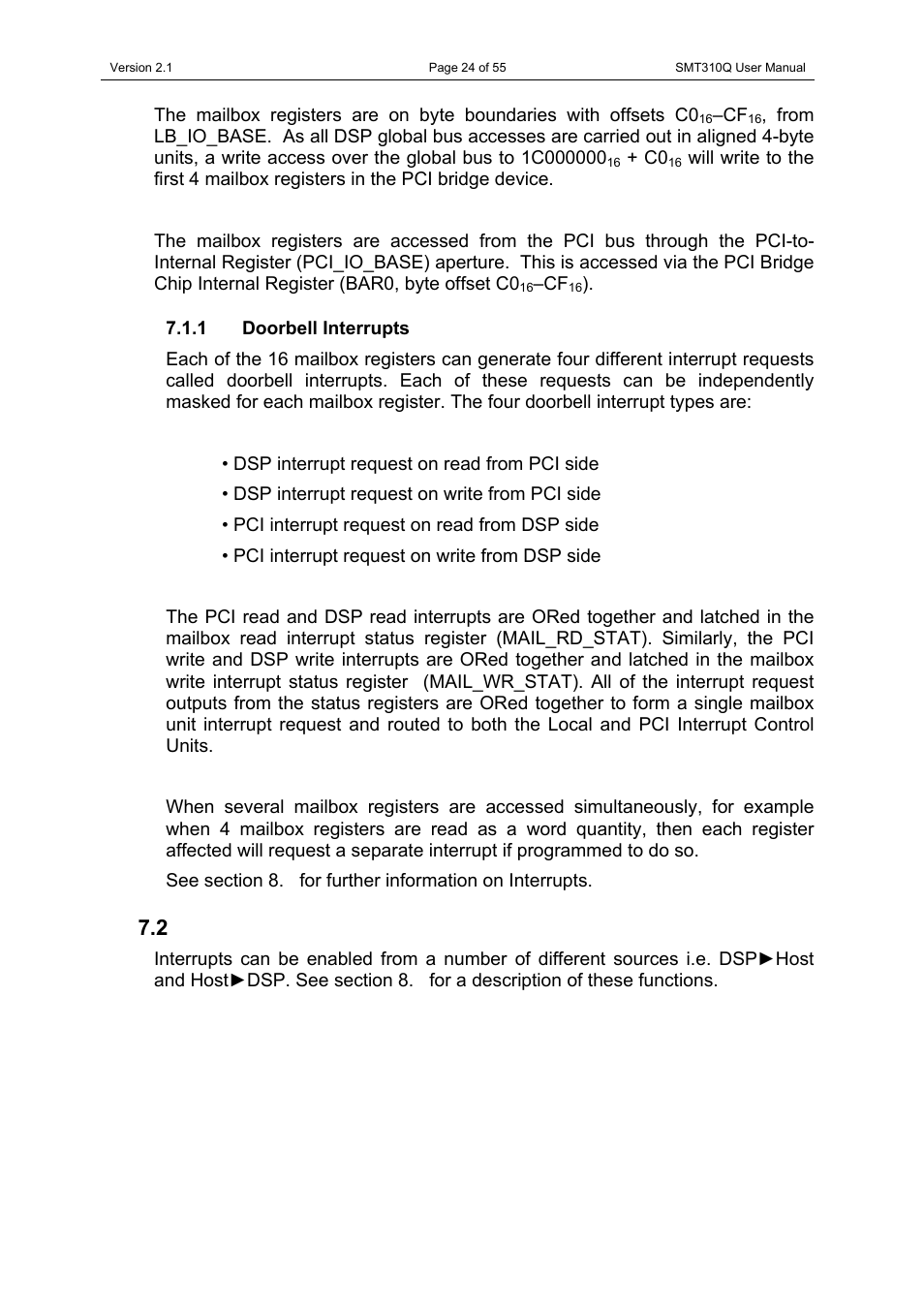 1 doorbell interrupts, 2 dsp interrupt control, Doorbell interrupts | Dsp interrupt control | Sundance SMT310Q User Manual | Page 24 / 55