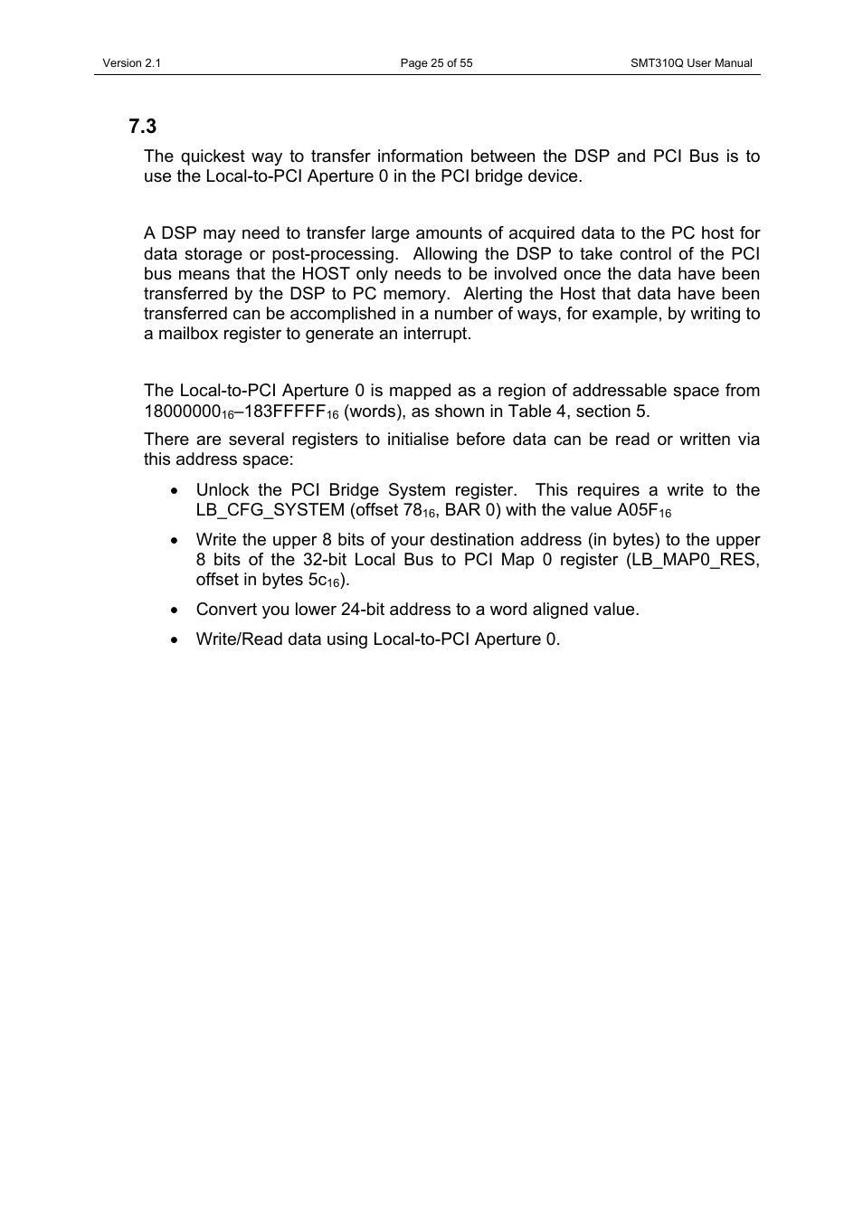 3 dsp to local aperture 0 control and accessing, Dsp to local aperture 0 control and accessing | Sundance SMT310Q User Manual | Page 25 / 55