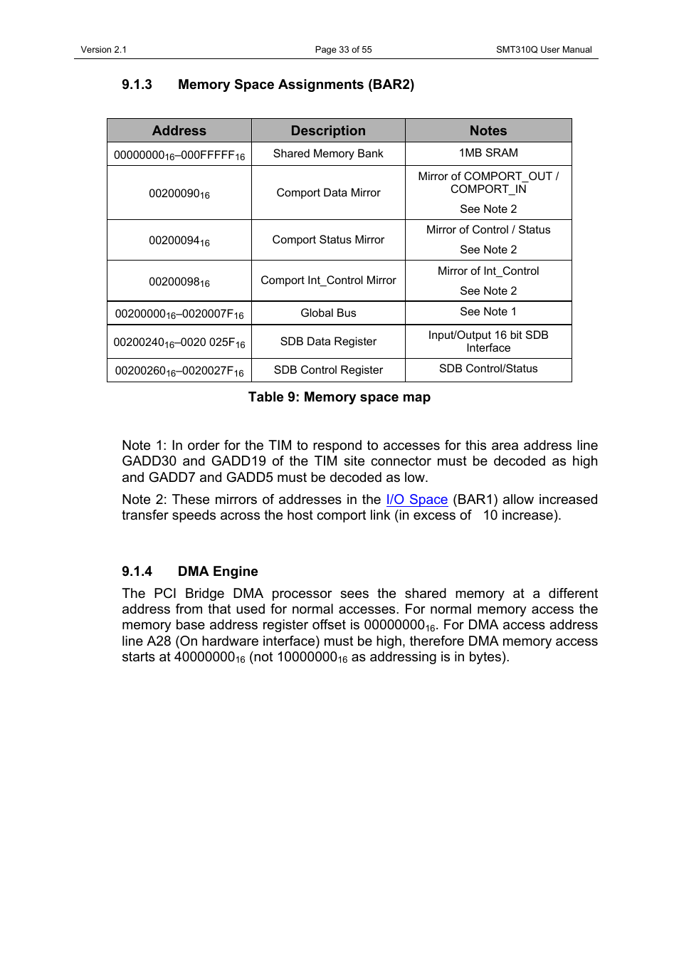 3 memory space assignments (bar2), 4 dma engine, Memory space assignments (bar2) | Dma engine | Sundance SMT310Q User Manual | Page 33 / 55