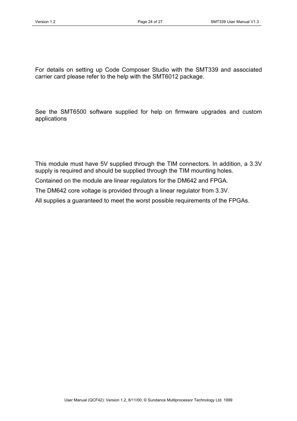 6 using the smt339 jtag with ti tools, 7 firmware upgrades, 8 power consumption | Sundance SMT339 v.1.3 User Manual | Page 24 / 27
