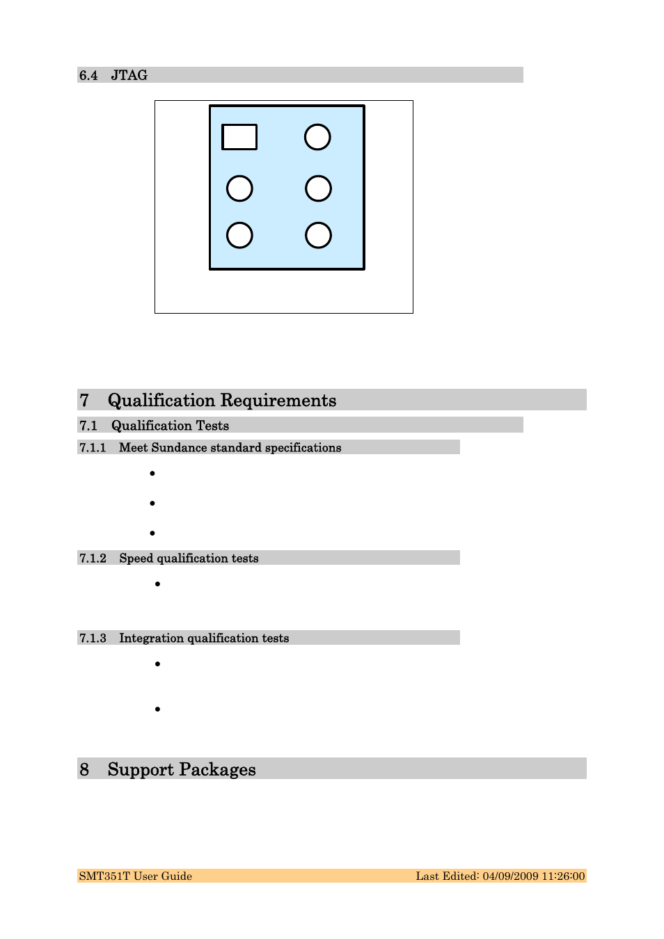 7 qualification requirements, 8 support packages, 4 jtag | Figure 7: jtag connector pinout, 1 qualification tests | Sundance SMT351T User Manual | Page 34 / 37