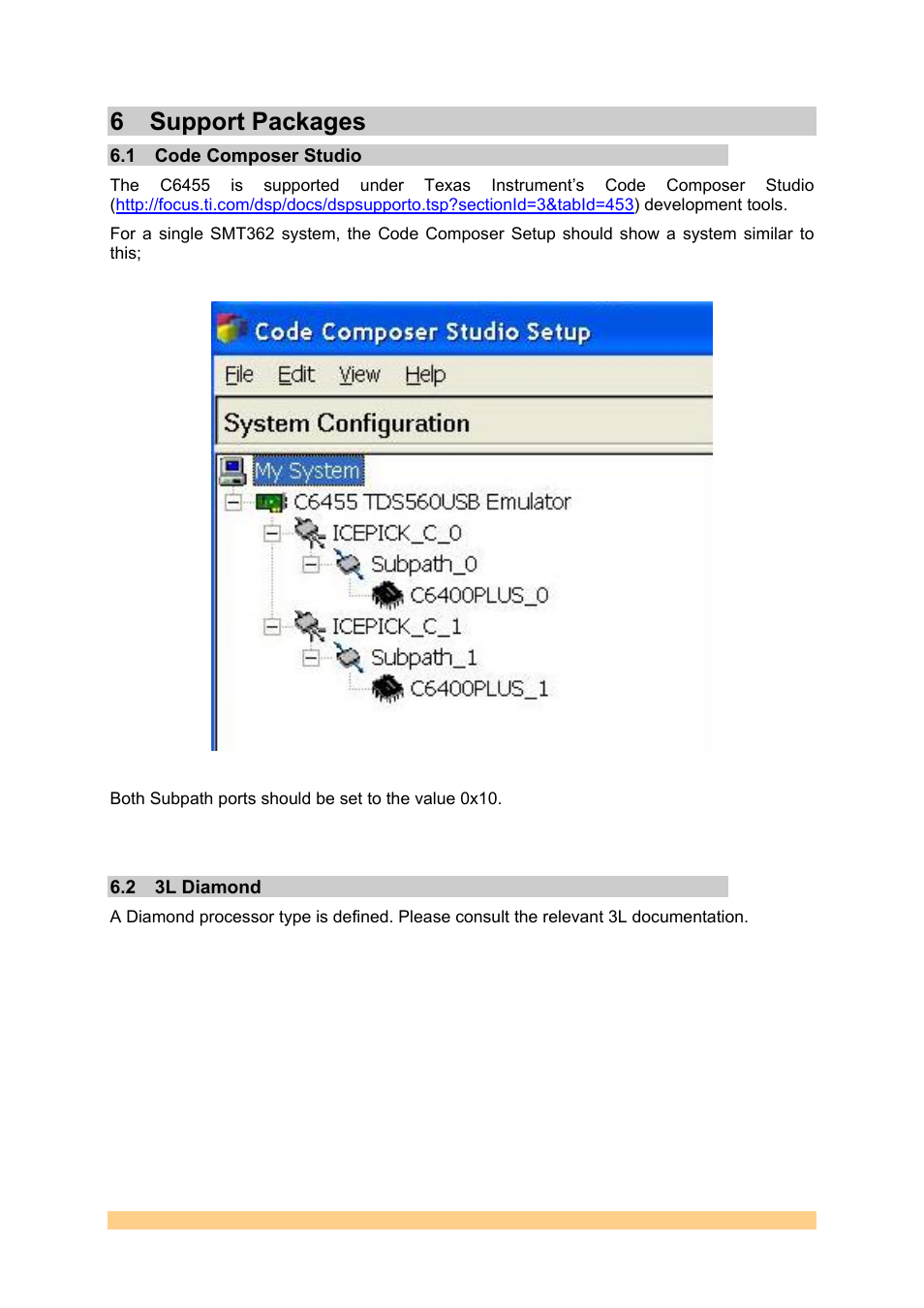 6 support packages, 1 code composer studio, 2 3l diamond | Support packages, Code composer studio, 3l diamond | Sundance SMT362 User Manual | Page 21 / 30