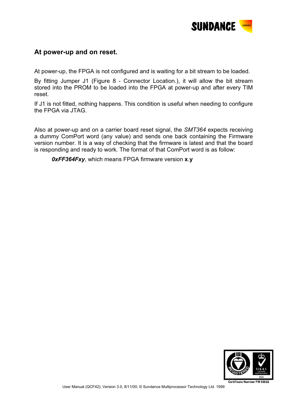 At power-up and on reset | Sundance SMT364 User Manual | Page 23 / 37