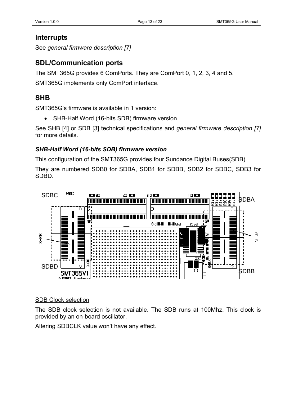 Sdl/communication ports, Shb-half word (16-bits sdb) firmware version, Sdb clock selection | Interrupts interrupts sdl/communication ports shb, Interrupts | Sundance SMT365G User Manual | Page 13 / 23