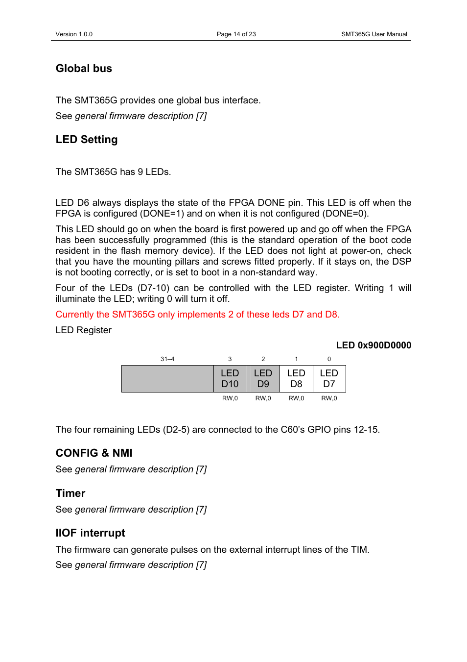 Global bus, Led setting, Config & nmi | Timer, Iiof interrupt | Sundance SMT365G User Manual | Page 14 / 23