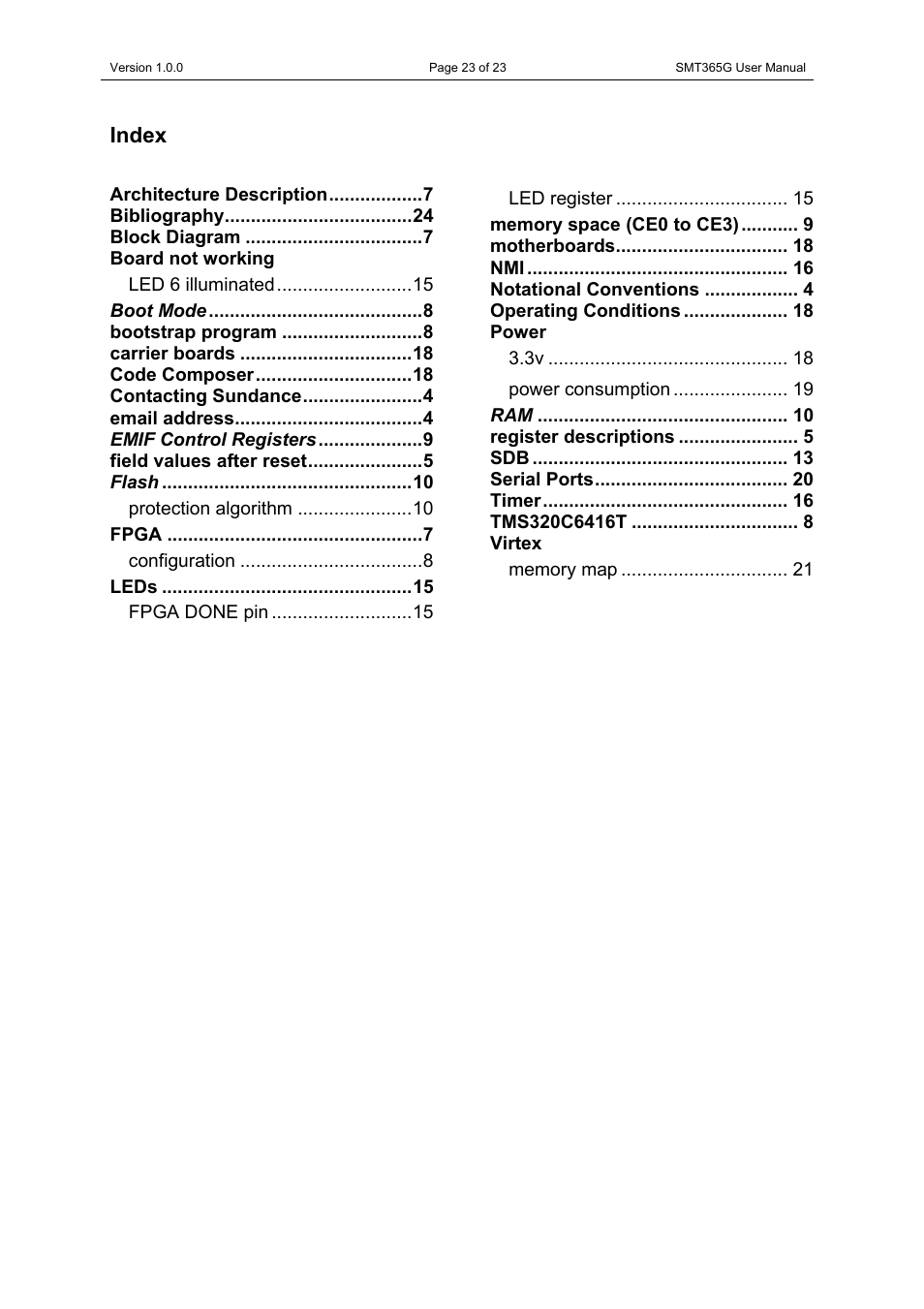 Index | Sundance SMT365G User Manual | Page 23 / 23