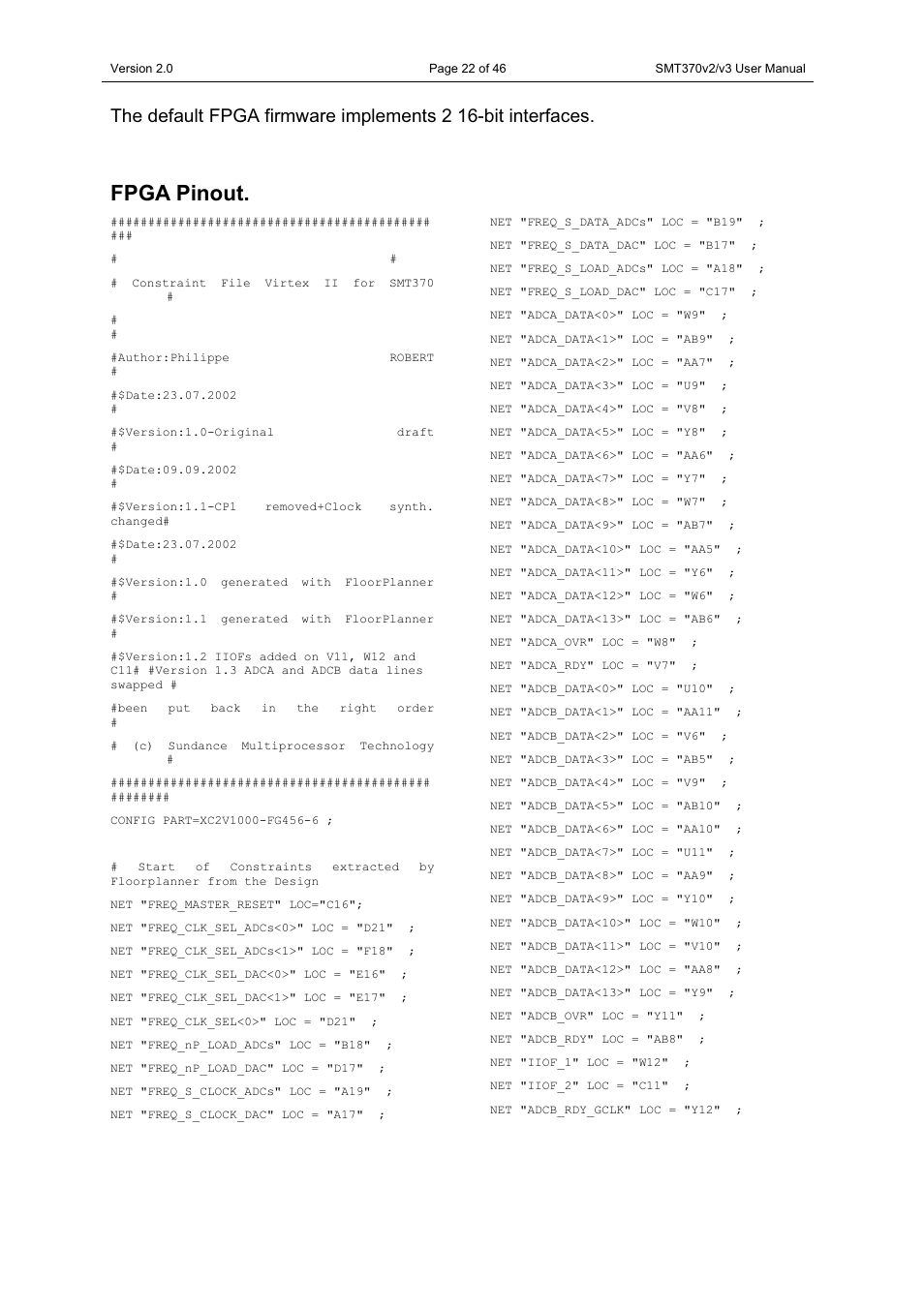 Fpga pinout | Sundance SMT370v2 User Manual | Page 22 / 46