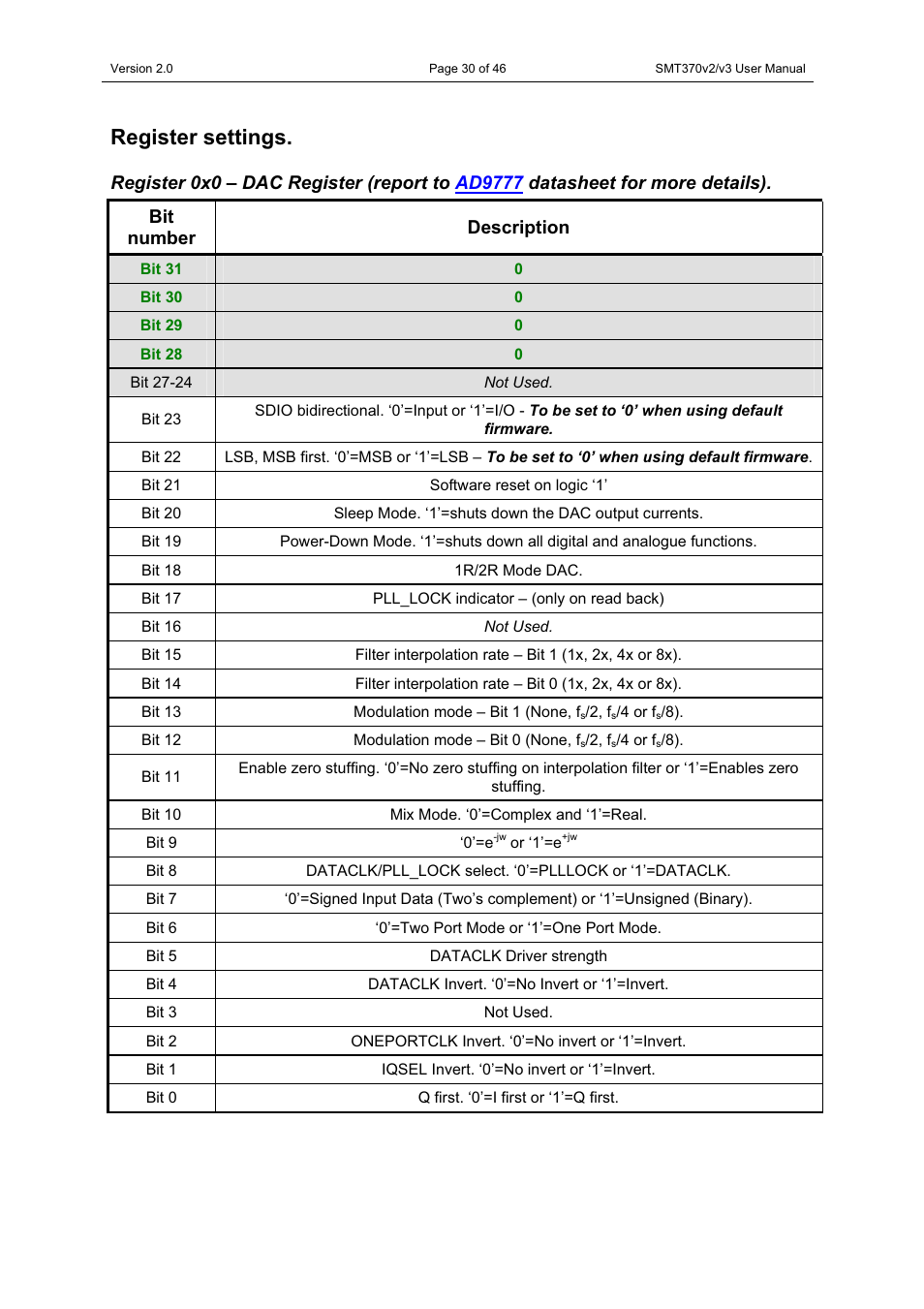 Register settings | Sundance SMT370v2 User Manual | Page 30 / 46