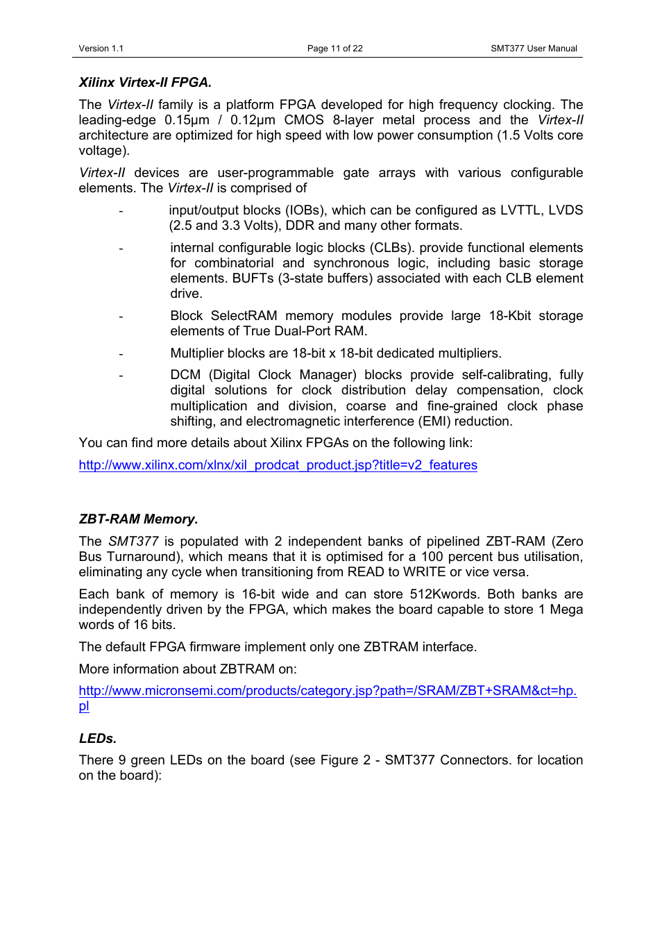 Xilinx virtex-ii fpga, Zbt-ram memory, Leds | Xilinx virtex-ii fpga zbt-ram memory leds | Sundance SMT377 User Manual | Page 11 / 22