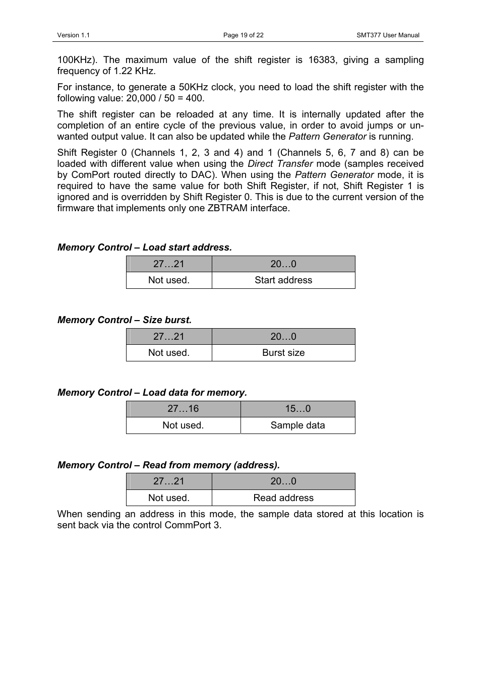 Memory control – load start address, Memory control – size burst, Memory control – load data for memory | Memory control – read from memory \(address\) | Sundance SMT377 User Manual | Page 19 / 22