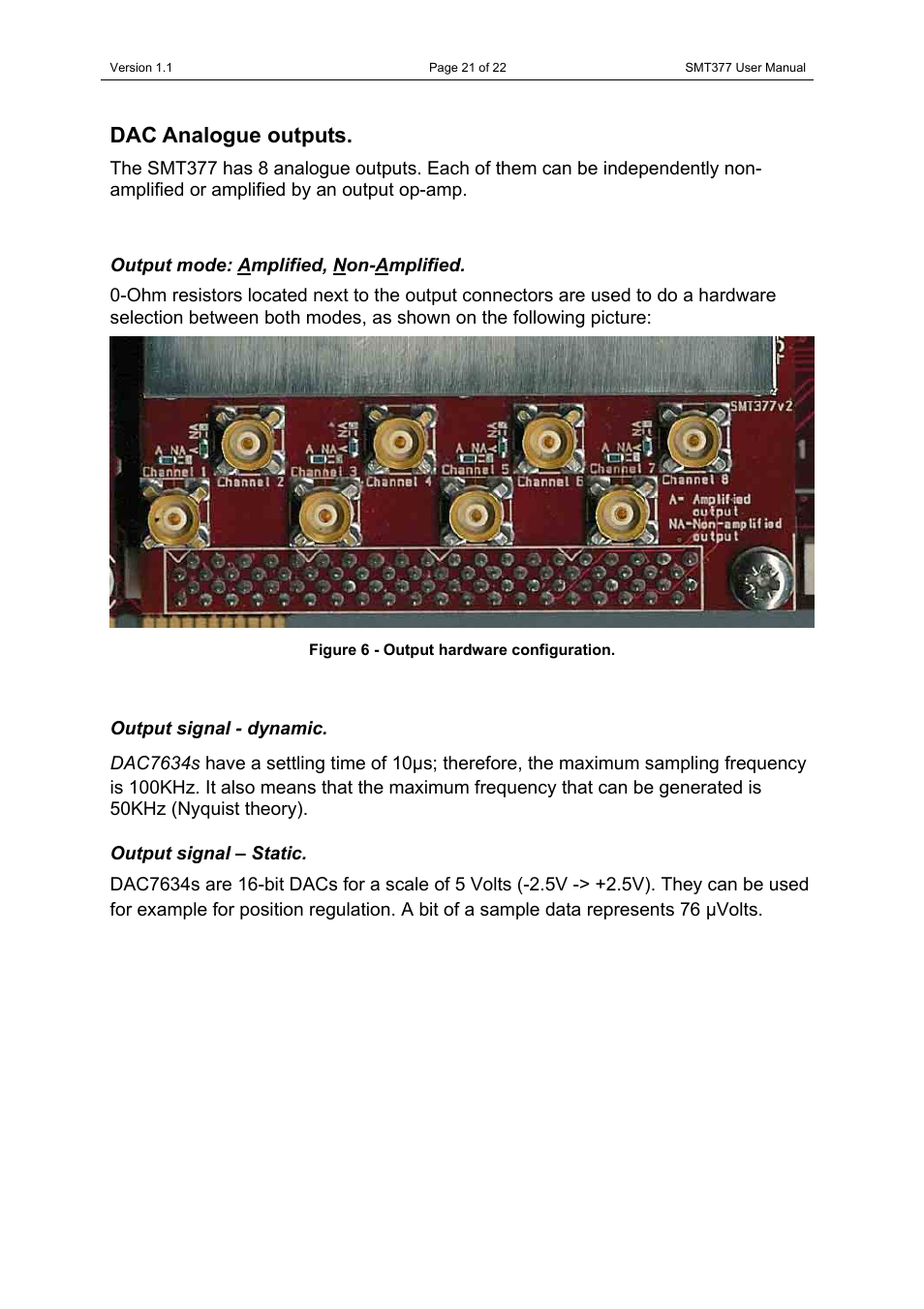 Dac analogue outputs, Output mode: amplified, non-amplified, Output signal - dynamic | Output signal – static, Figure 6 - output hardware configuration | Sundance SMT377 User Manual | Page 21 / 22