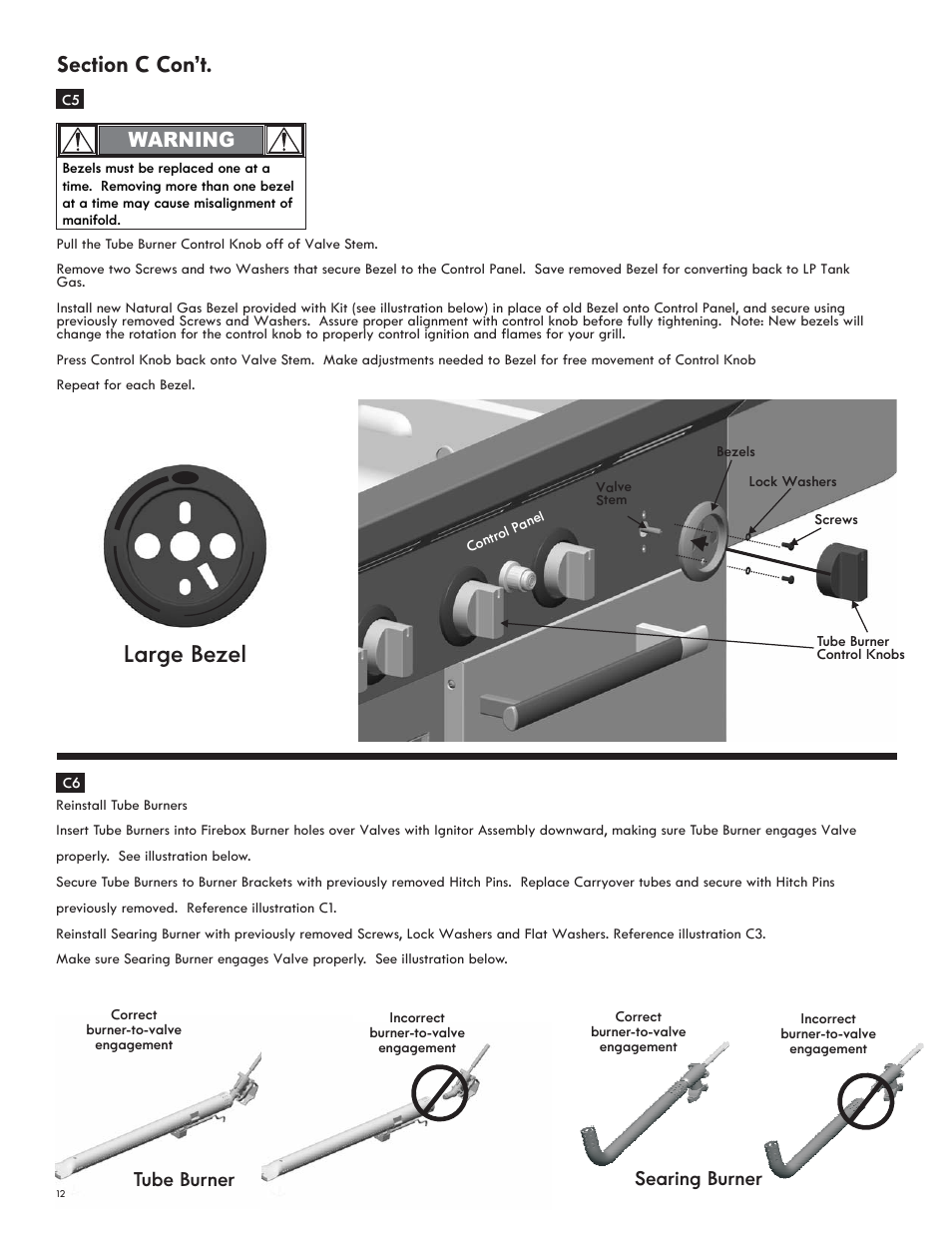 Large bezel, Tube burner, Searing burner | Warning | Char-Broil NATURAL GAS CONVERSION KIT 7116572 User Manual | Page 12 / 24