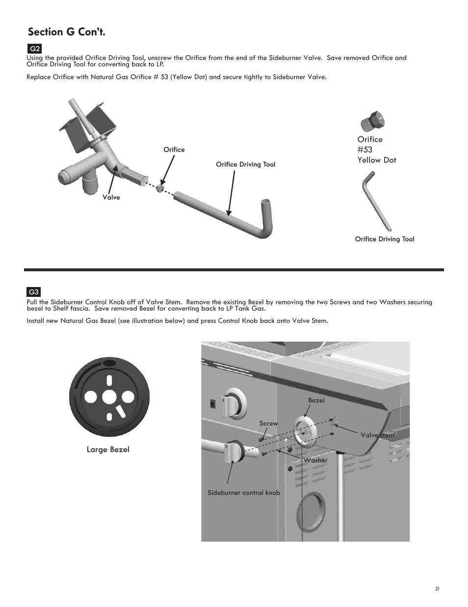 Large bezel, Orifice #53 yellow dot | Char-Broil NATURAL GAS CONVERSION KIT 7116572 User Manual | Page 21 / 24