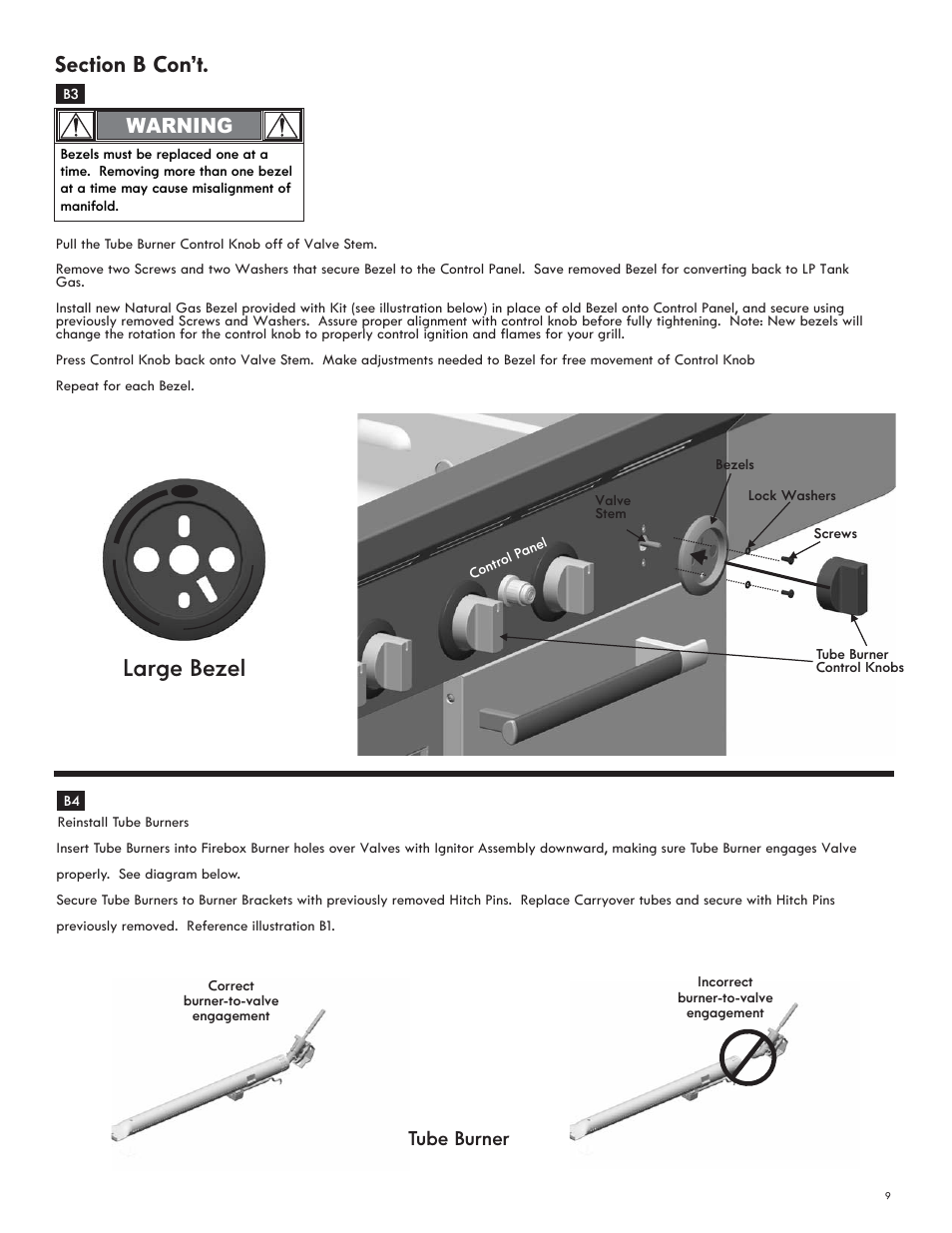 Large bezel, Tube burner, Warning | Char-Broil NATURAL GAS CONVERSION KIT 7116572 User Manual | Page 9 / 24