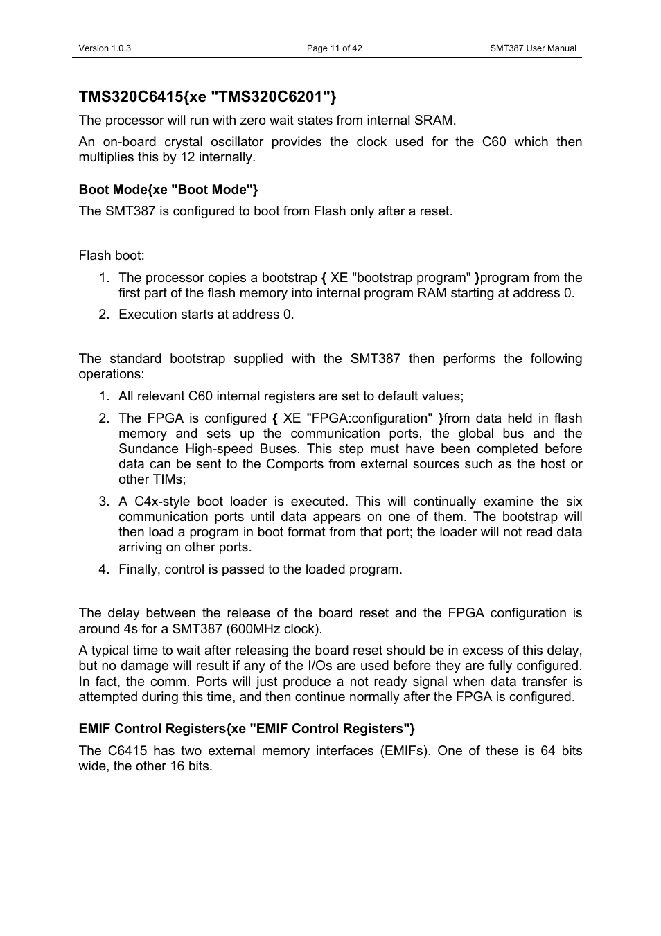 Tms320c6415xe "tms320c6201, Boot modexe "boot mode, Emif control registersxe "emif control registers | Tms320c6415, Boot mode emif control registers | Sundance SMT387 User Manual | Page 11 / 42