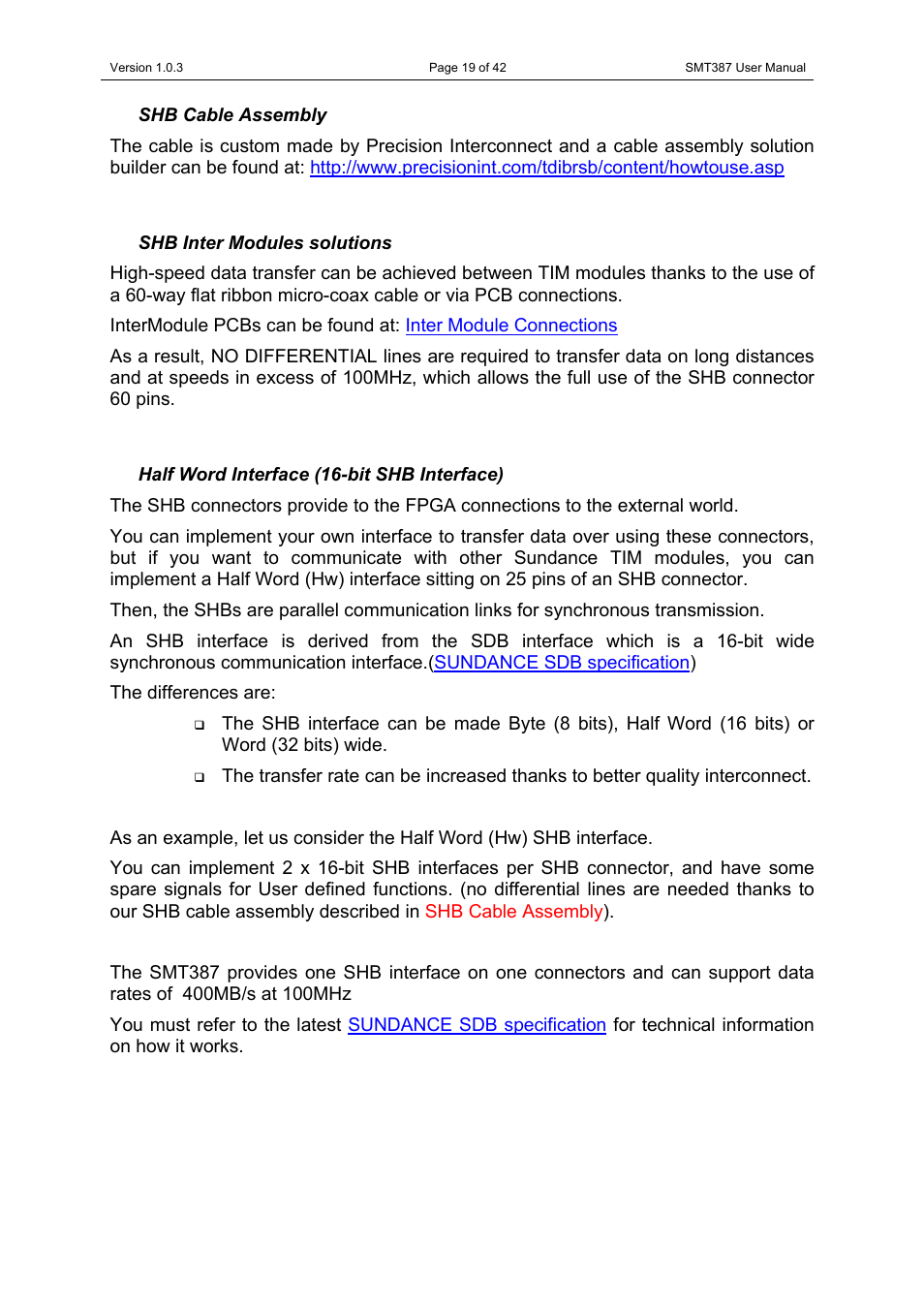 Shb cable assembly, Shb inter modules solutions, Half word interface (16-bit shb interface) | Shb cable assembly shb inter modules solutions | Sundance SMT387 User Manual | Page 19 / 42
