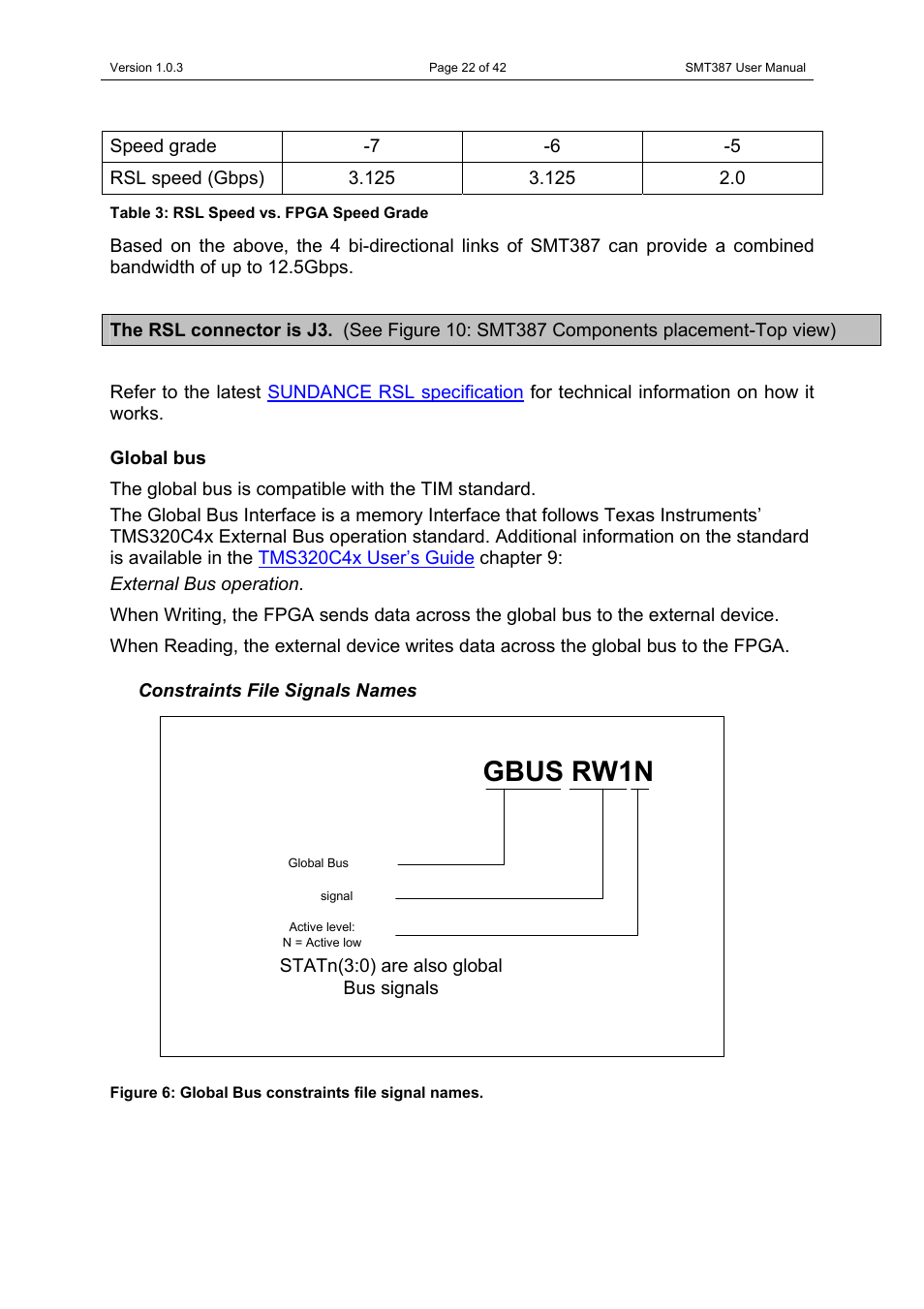 Global bus, Constraints file signals names, Figure 6: global bus constraints file signal names | Table 3: rsl speed vs. fpga speed grade, Gbus rw1n | Sundance SMT387 User Manual | Page 22 / 42