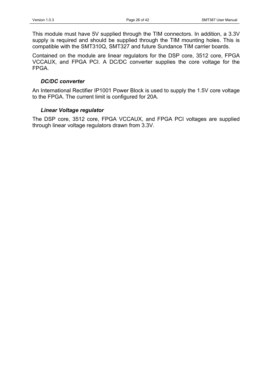 Dc/dc converter, Linear voltage regulator, Dc/dc converter linear voltage regulator | Sundance SMT387 User Manual | Page 26 / 42