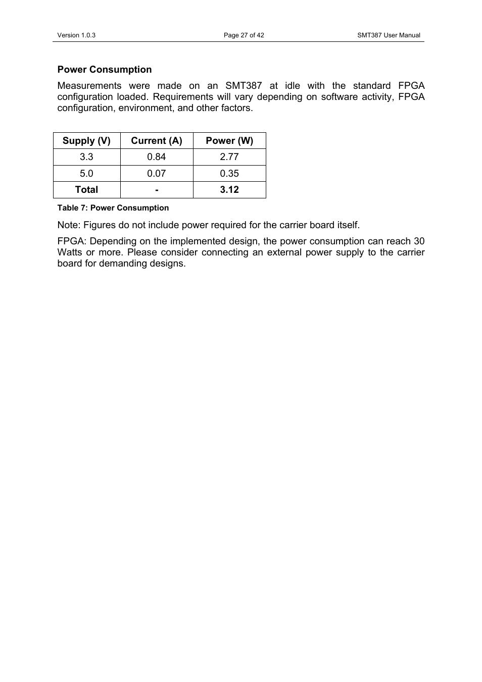 Power consumption, Table 7: power consumption | Sundance SMT387 User Manual | Page 27 / 42