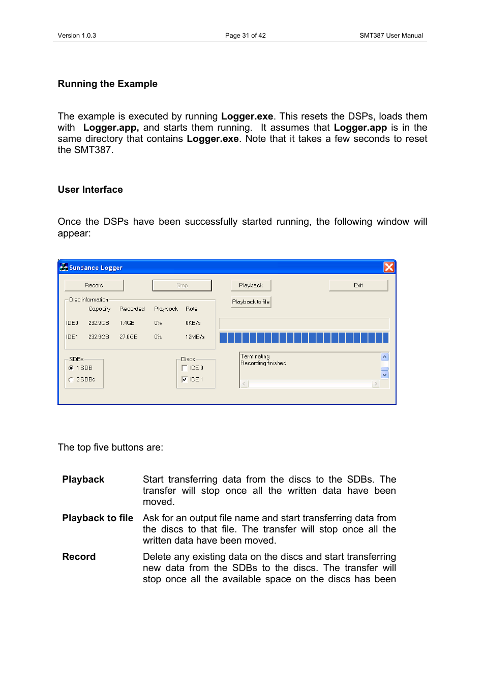 Running the example, User interface, Playback | Playback to file, Sdbs | Sundance SMT387 User Manual | Page 31 / 42