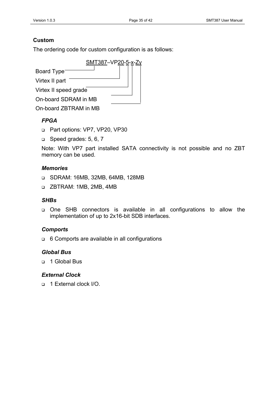 Custom, Fpga, Memories | Shbs, Comports, Global bus, External clock | Sundance SMT387 User Manual | Page 35 / 42