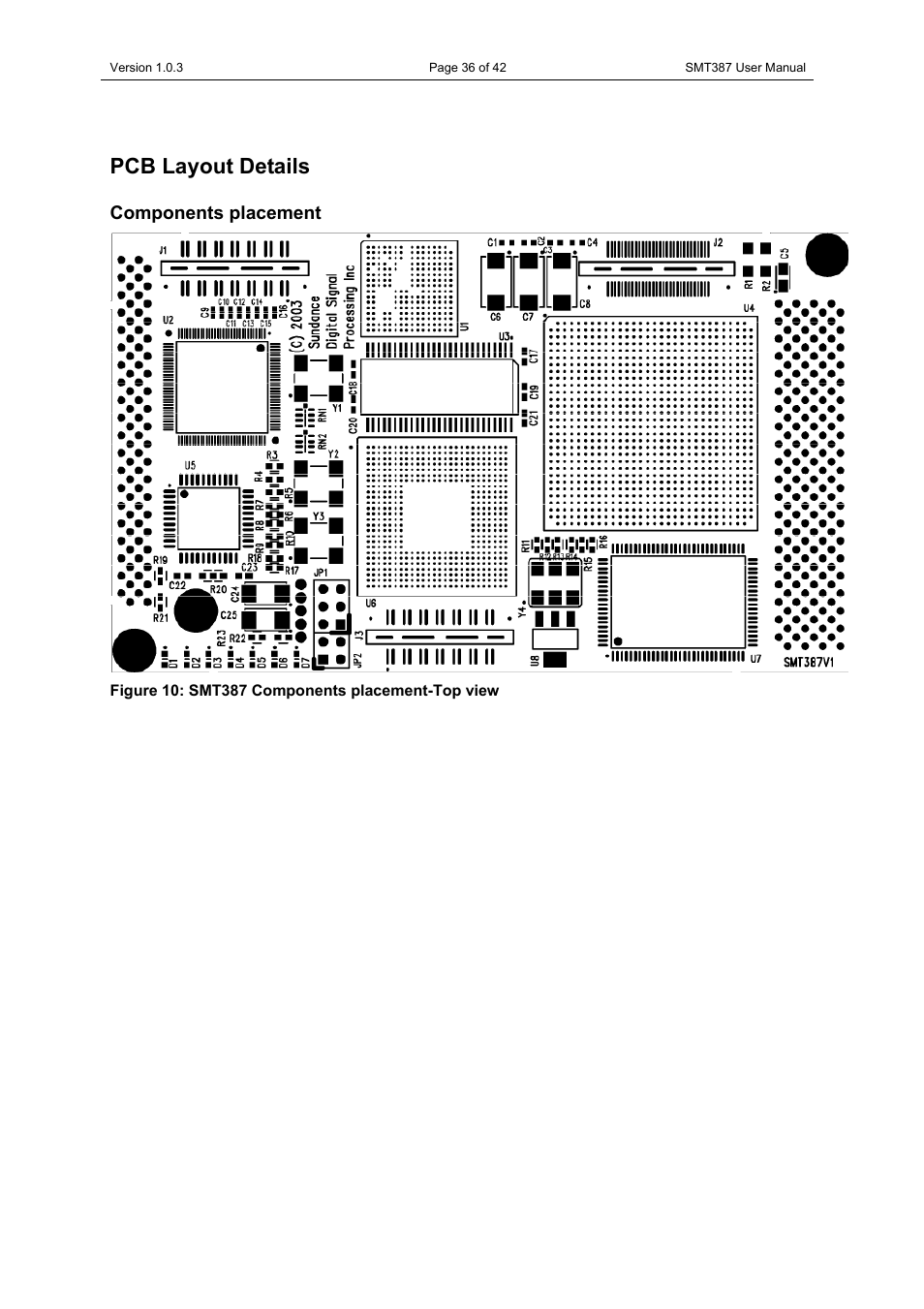 Pcb layout details, Components placement, Figure 10: smt387 components placement-top view | Sundance SMT387 User Manual | Page 36 / 42