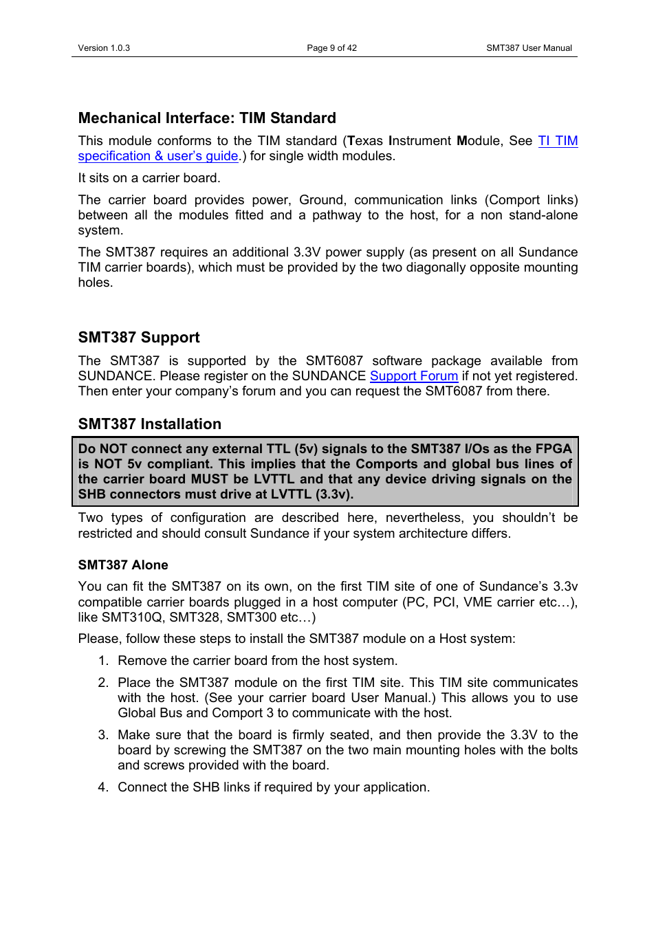 Mechanical interface: tim standard, Smt387 support, Smt387 installation | Smt387 alone | Sundance SMT387 User Manual | Page 9 / 42