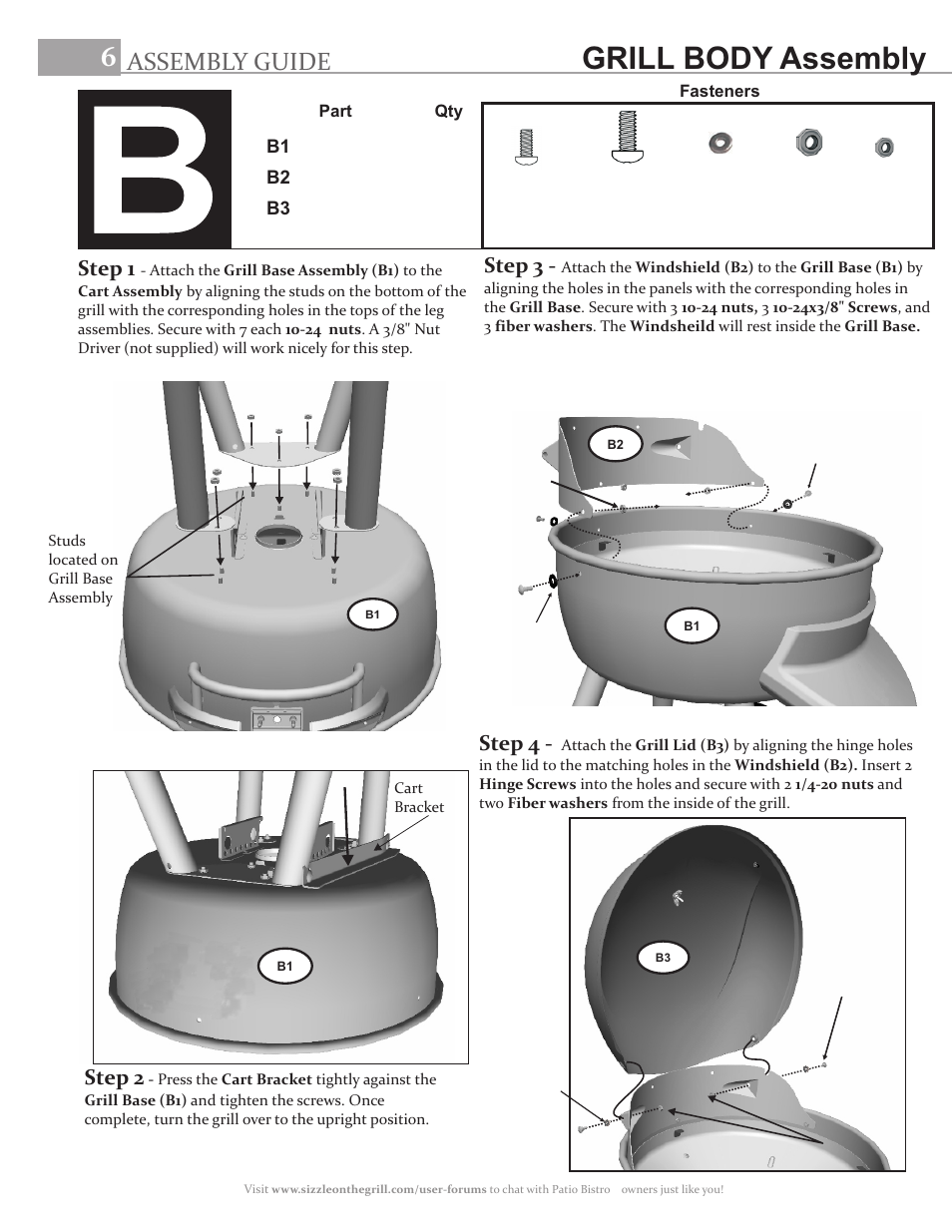 Grill body assembly, Assembly guide, Step 1 | Step 4, Step 3, Step 2 | Char-Broil PATIO BISTRO 10601514-16 User Manual | Page 6 / 8