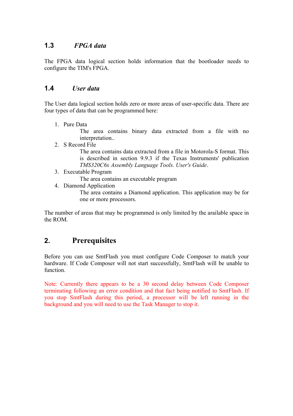 Fpga data, User data, Prerequisites | Sundance SMT6001 User Manual | Page 2 / 13