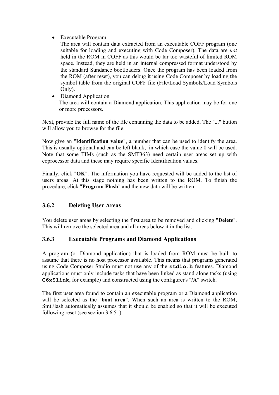 Deleting user areas, Executable programs and diamond applications | Sundance SMT6001 User Manual | Page 8 / 13