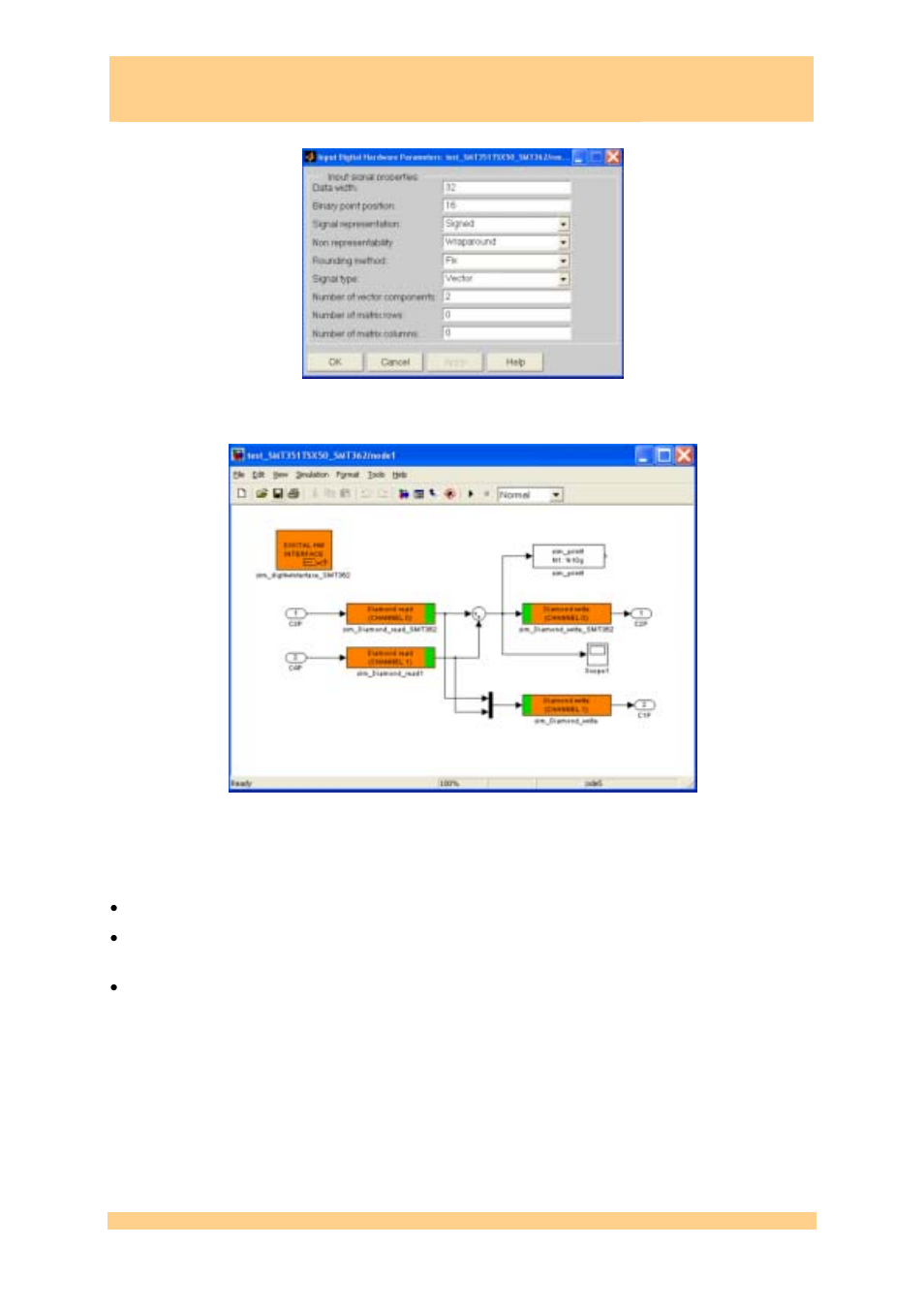 Figure 37: diamond channel hardware interface, Figure 38: node1 dsp sub-system, Smt6040 | Sundance simulink toolbox | Sundance SMT6040 User Manual | Page 44 / 53