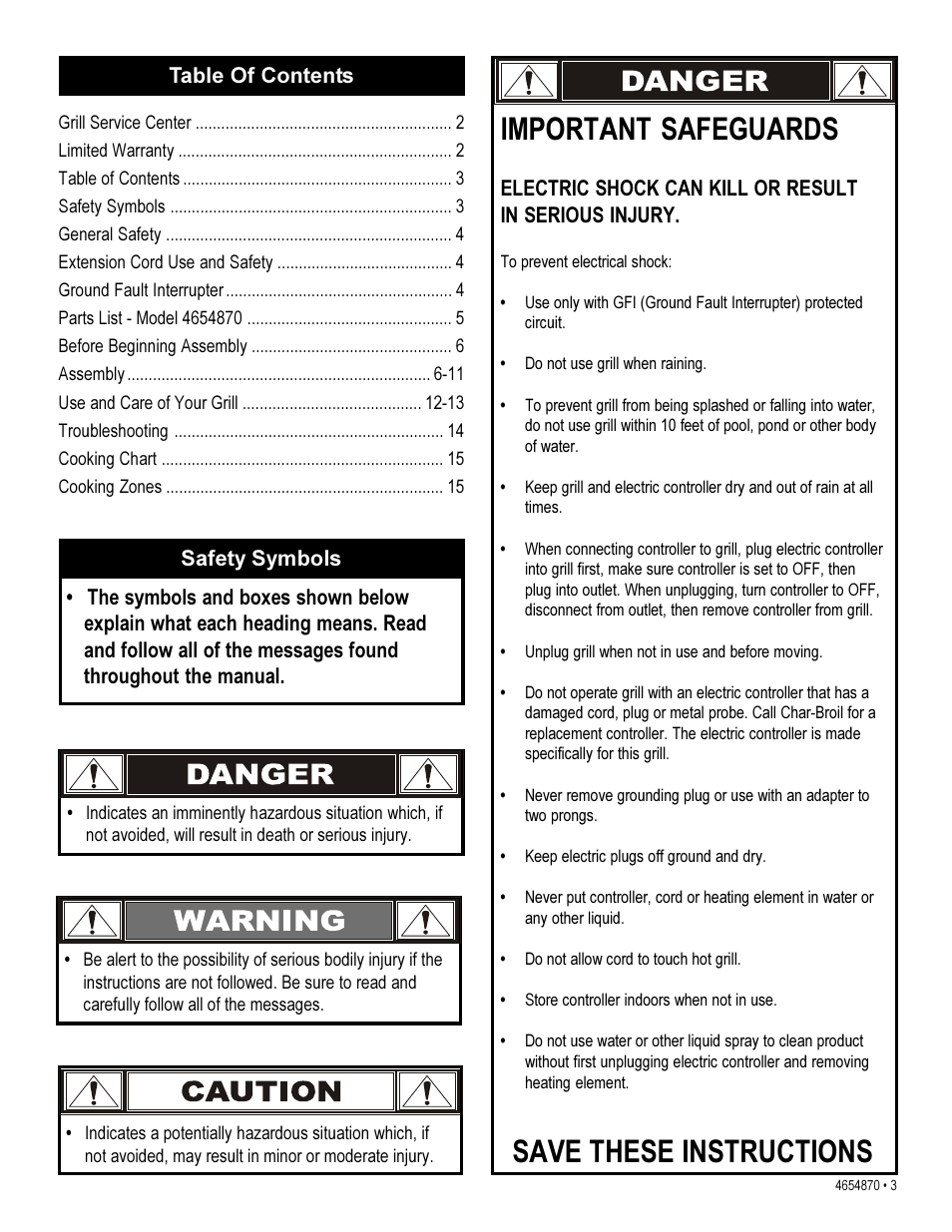 Important safeguards, Save these instructions | Char-Broil 4654870 User Manual | Page 3 / 16