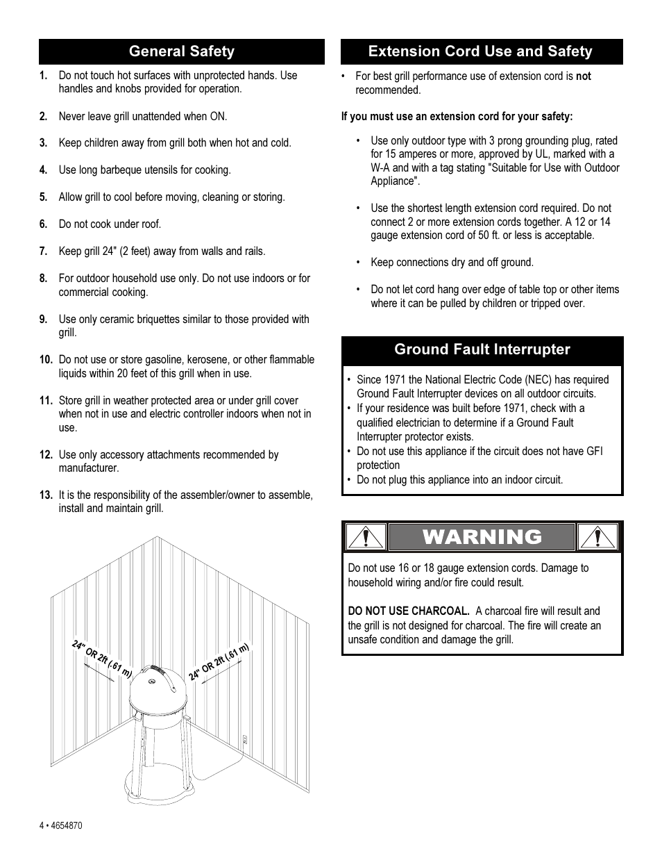 Introduction general safety, Extension cord use and safety, Ground fault interrupter | Char-Broil 4654870 User Manual | Page 4 / 16