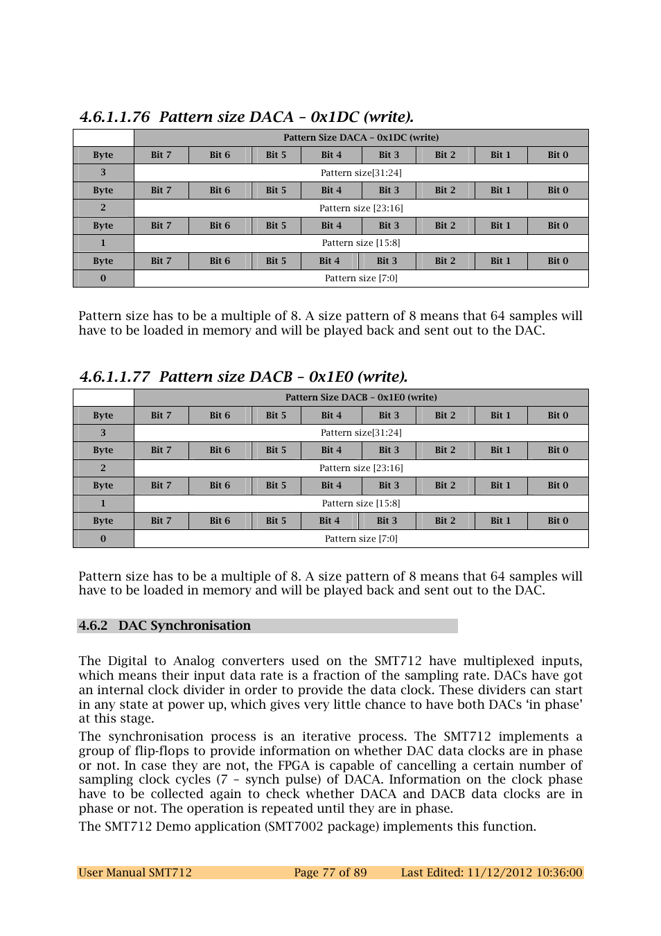 76 pattern size daca – 0x1dc (write) | Sundance SMT712 User Manual | Page 77 / 89