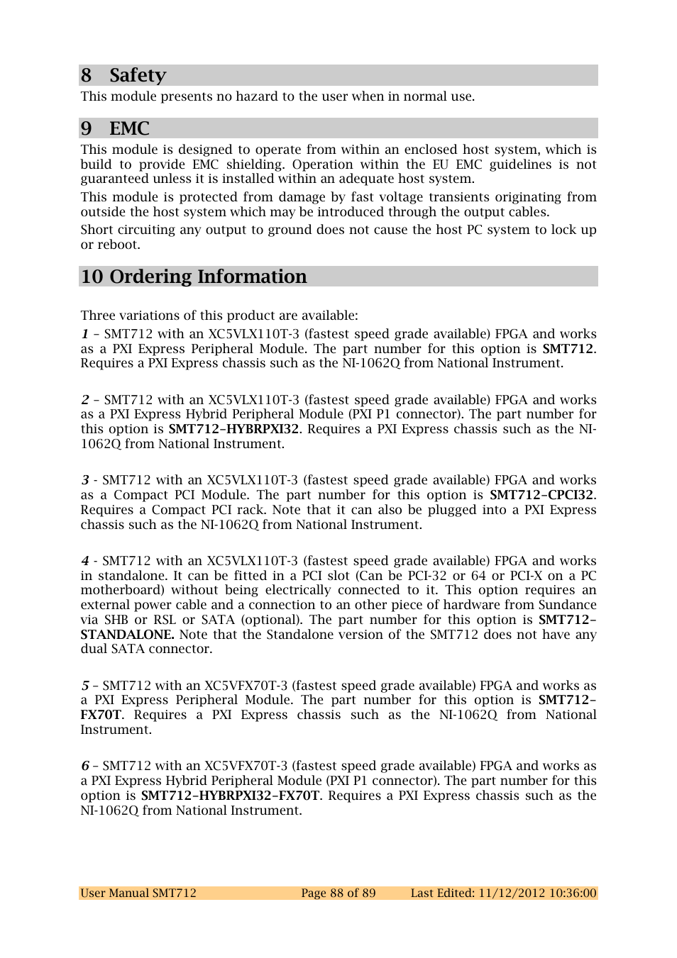 8safety, 9emc, 10 ordering information | Sundance SMT712 User Manual | Page 88 / 89