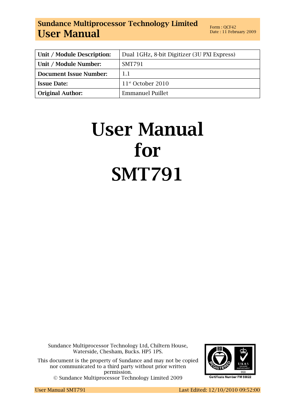 Sundance SMT791 User Manual | 23 pages