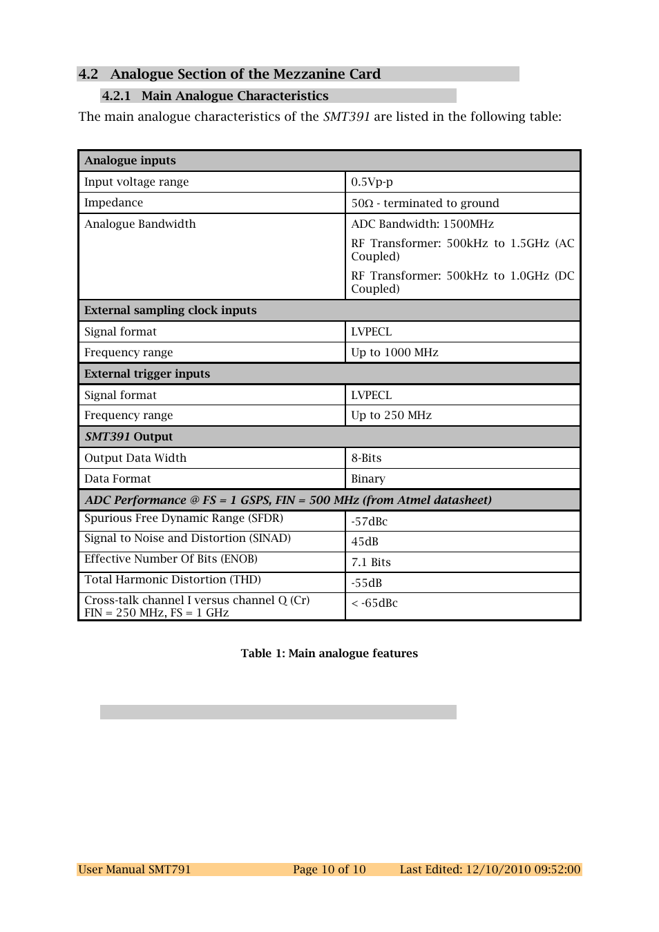 2 analogue section of the mezzanine card, 1 main analogue characteristics | Sundance SMT791 User Manual | Page 10 / 23