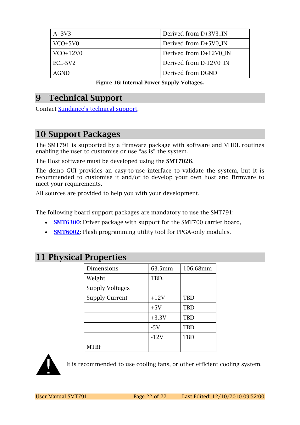 9 technical support, 10 support packages, 11 physical properties | Technical support, 10 support packages 11 physical properties, Figure 16: internal power supply voltages | Sundance SMT791 User Manual | Page 22 / 23