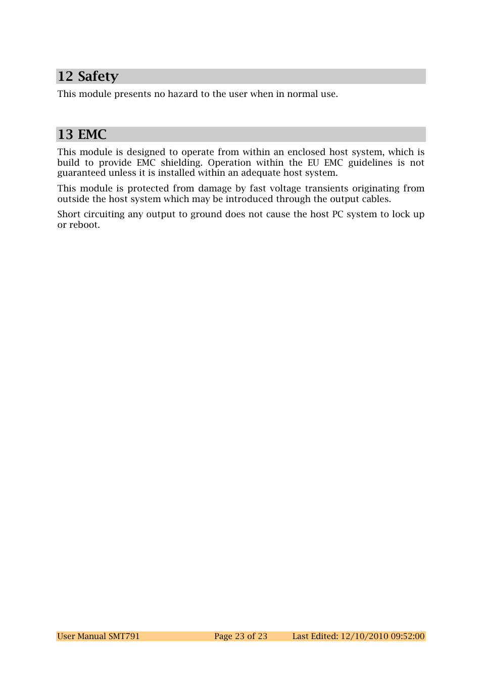 12 safety, 13 emc, 12 safety 13 emc | Sundance SMT791 User Manual | Page 23 / 23